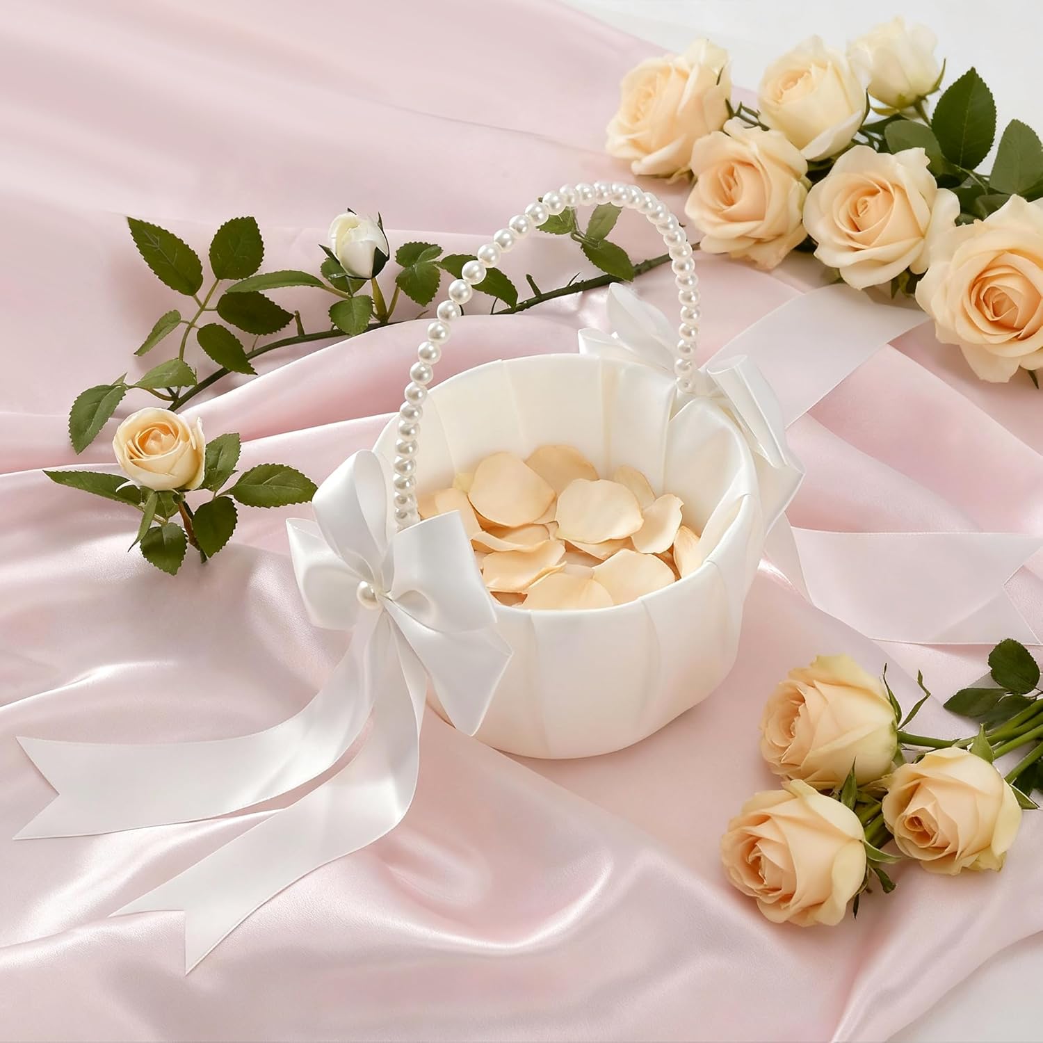 Wedding Flower Girl Basket - Elegant Pearl Handle with Bow Decoration