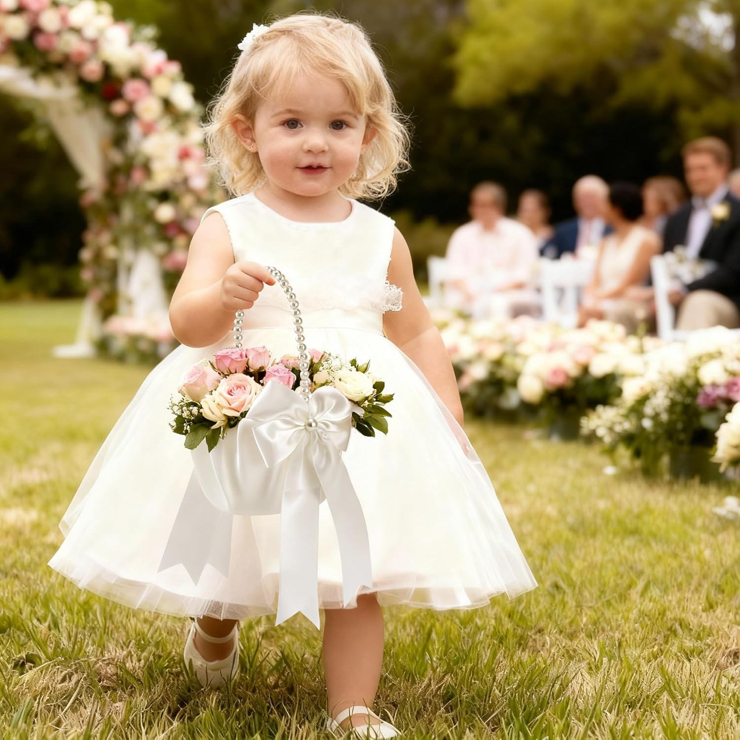 Wedding Flower Girl Basket - Elegant Pearl Handle with Bow Decoration