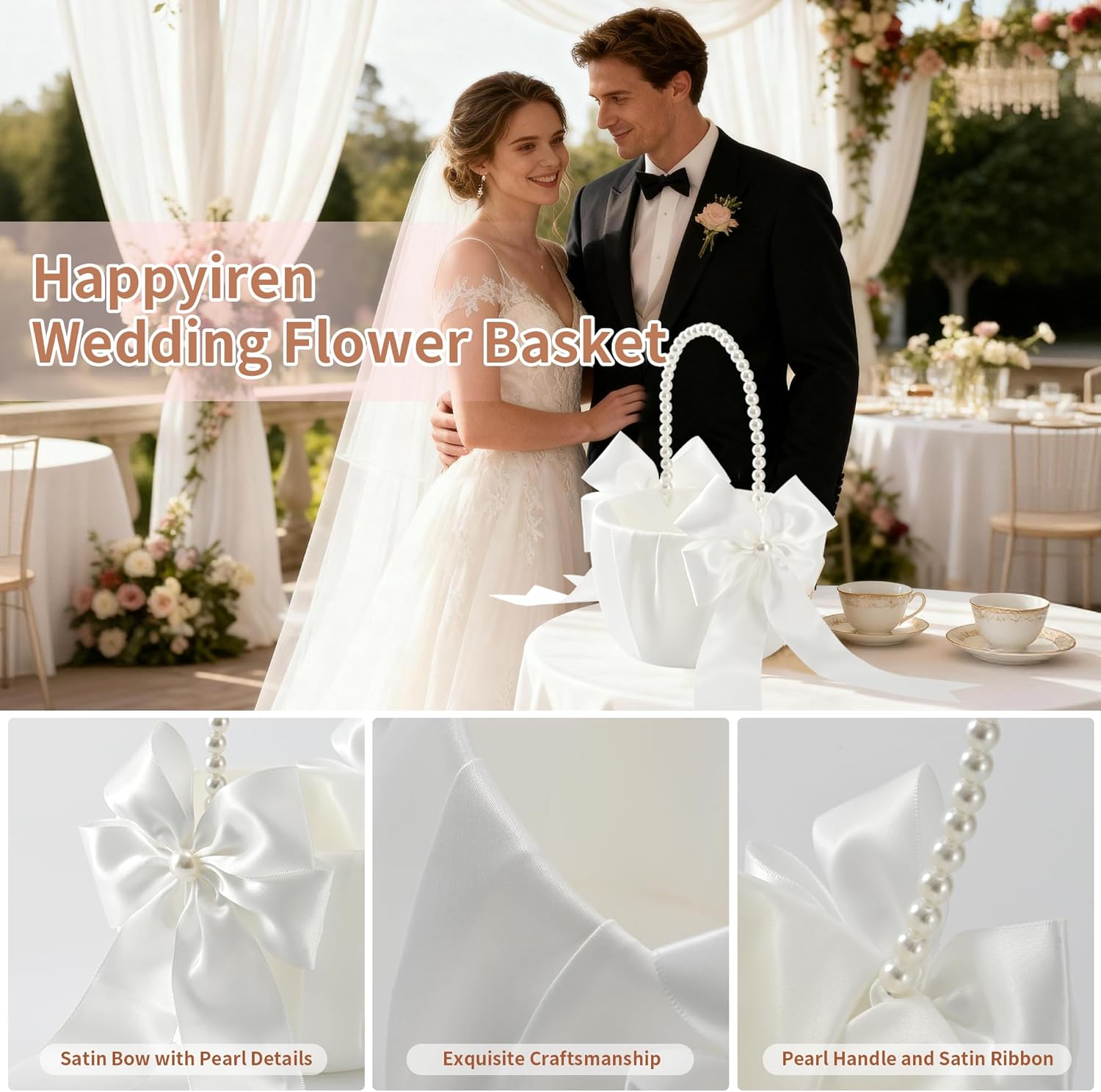Wedding Flower Girl Basket - Elegant Pearl Handle with Bow Decoration