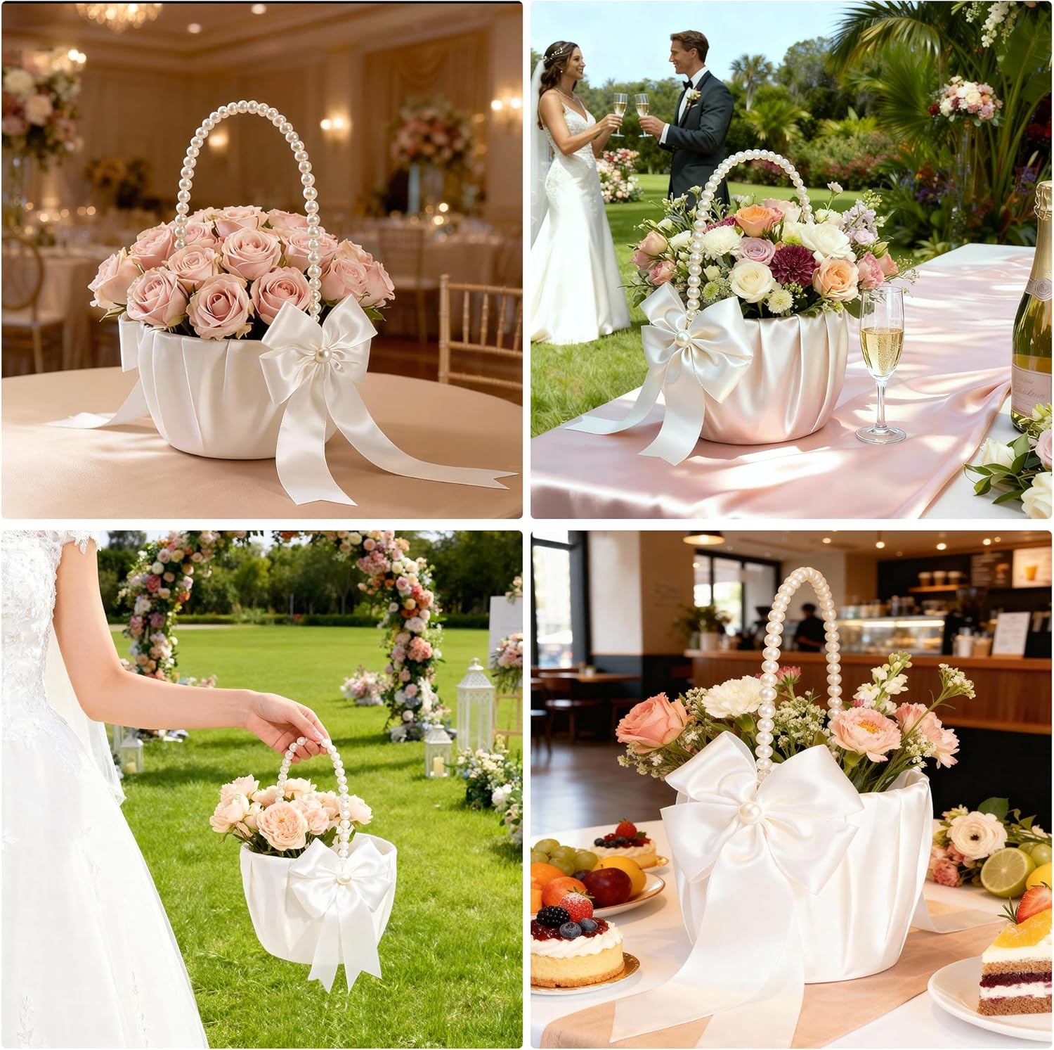 Wedding Flower Girl Basket - Elegant Pearl Handle with Bow Decoration