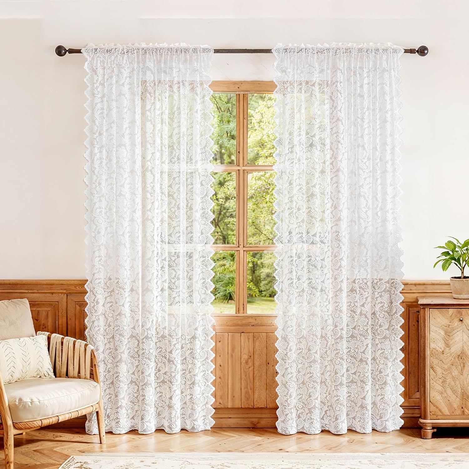 Vintage Lace Sheer Curtains 63" 2 Panels White