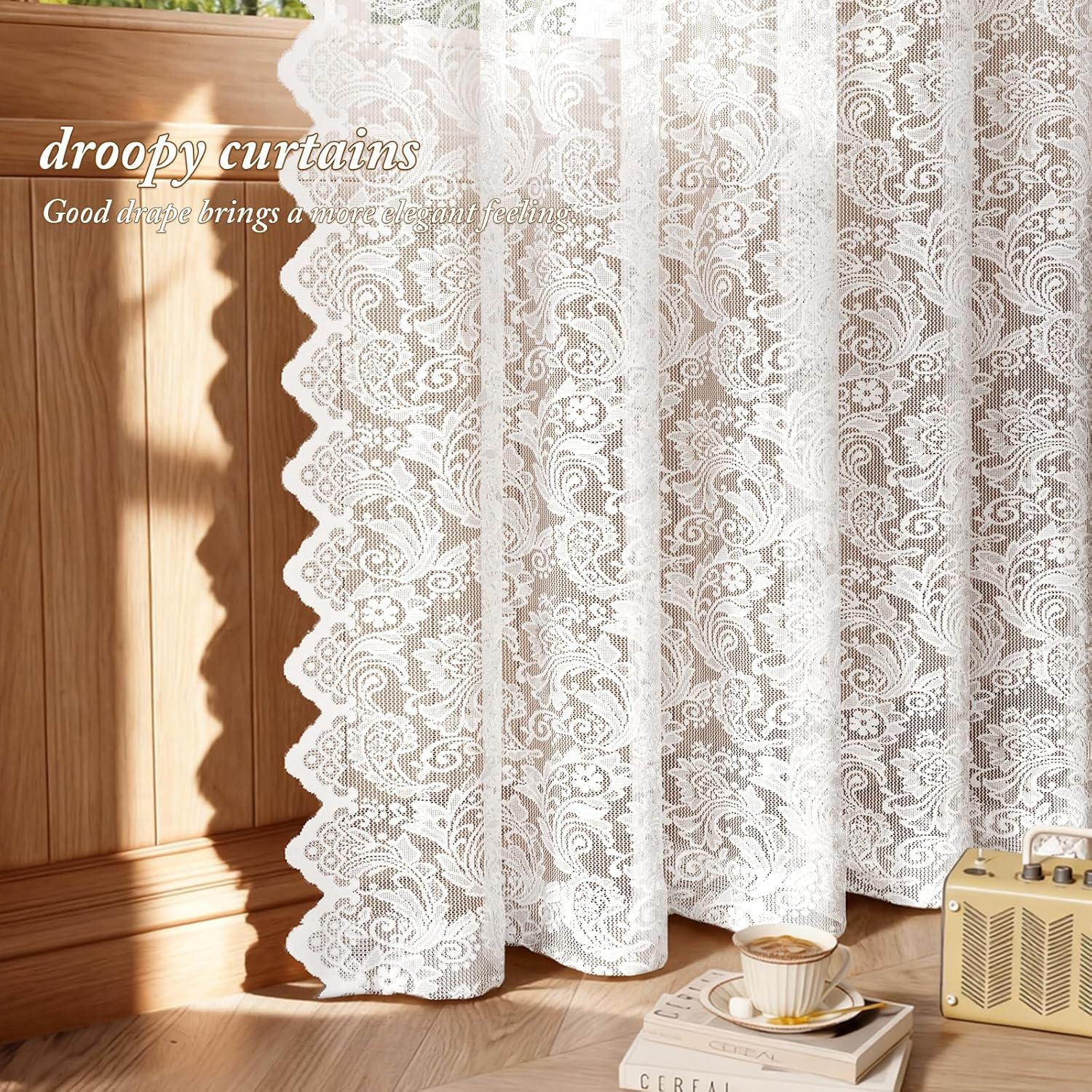 Vintage Lace Sheer Curtains 63" 2 Panels White