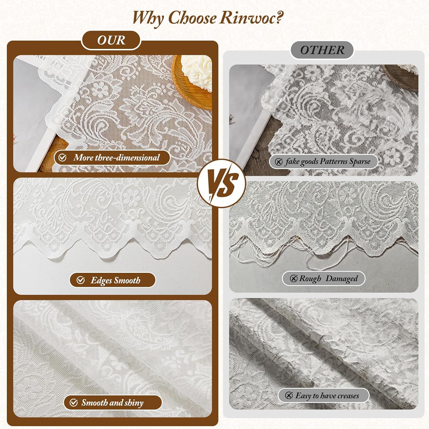 Vintage Lace Sheer Curtains 63" 2 Panels White