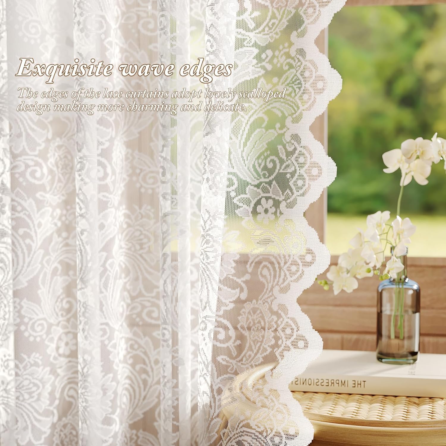 Vintage Lace Sheer Curtains 63" 2 Panels White