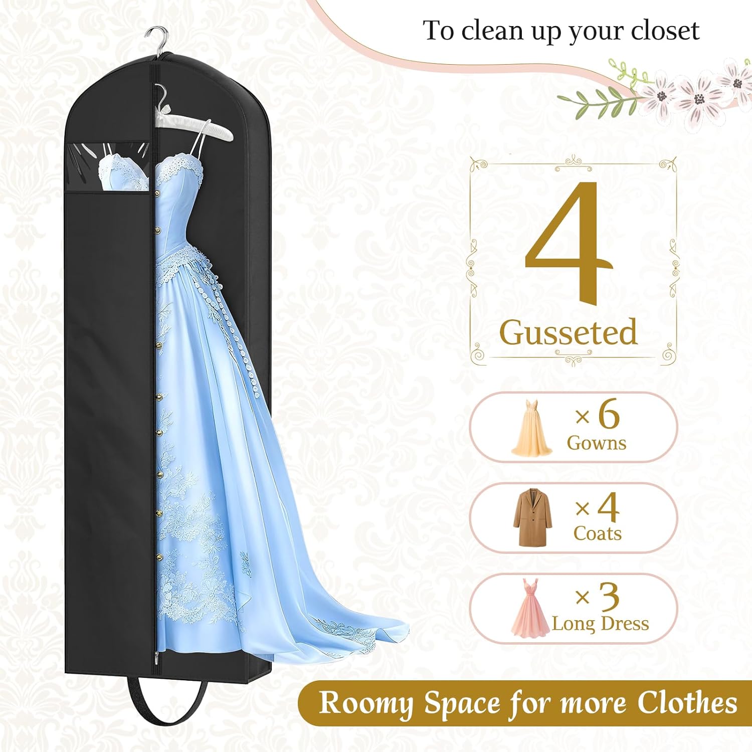 72" Wedding Dress Garment Bag for Travel with 4" Gusseted Long Hanging Dress Bags for Gowns for Women Garment Cover Clothes Storage for Closet