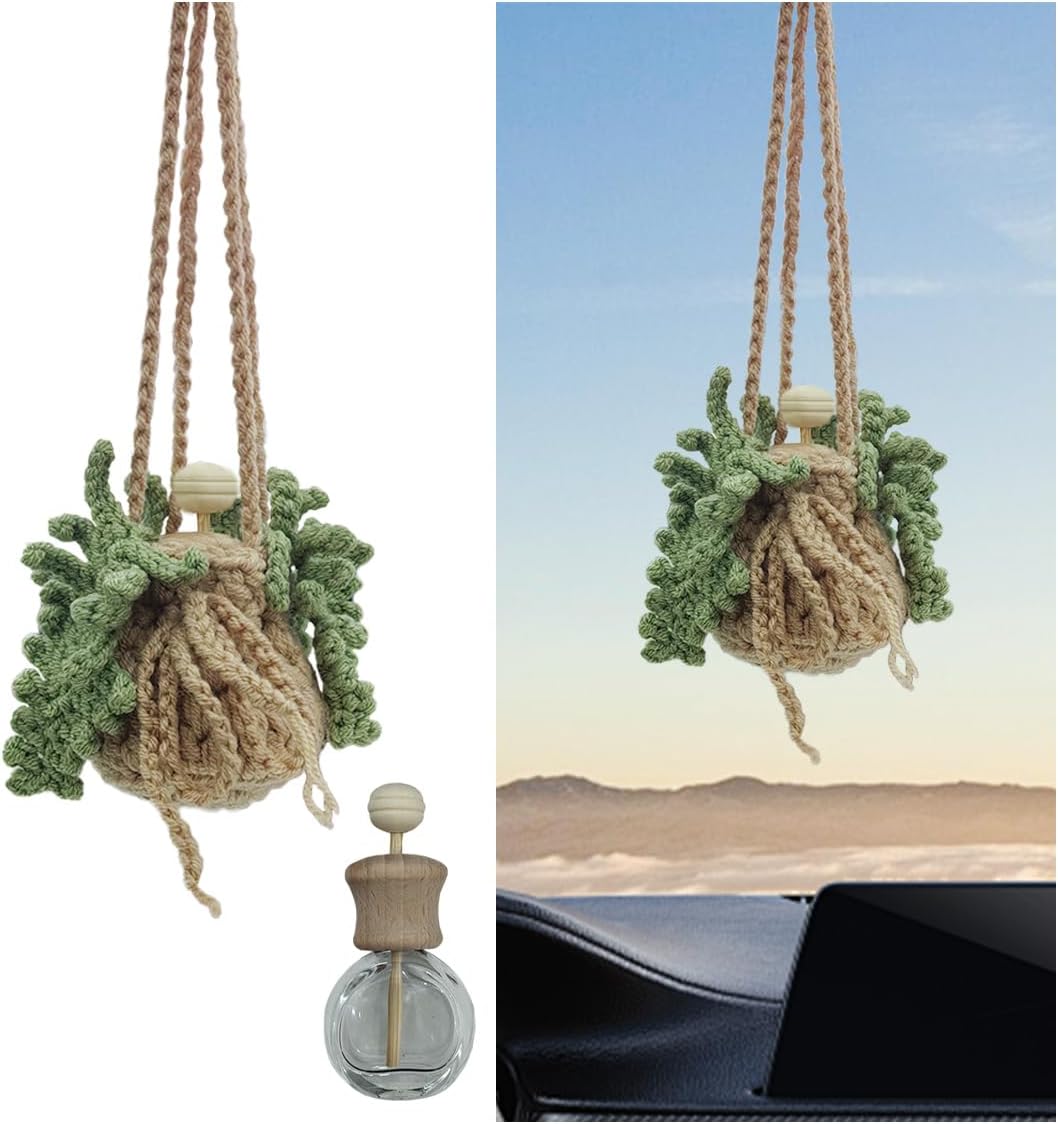 Crochet Hanging Plant Car Pendant - Cute Potted Plant Car Rear View Mirror Charm with 12ml Empty Refillable Glass Bottle - Handmade Knitted Ornament Crochet Hanging Plant Car Pendant - Cute Potted Plant Car Rear View Mirror Charm with 12ml Empty Refillable Glass Bottle - Handmade Knitted Ornament