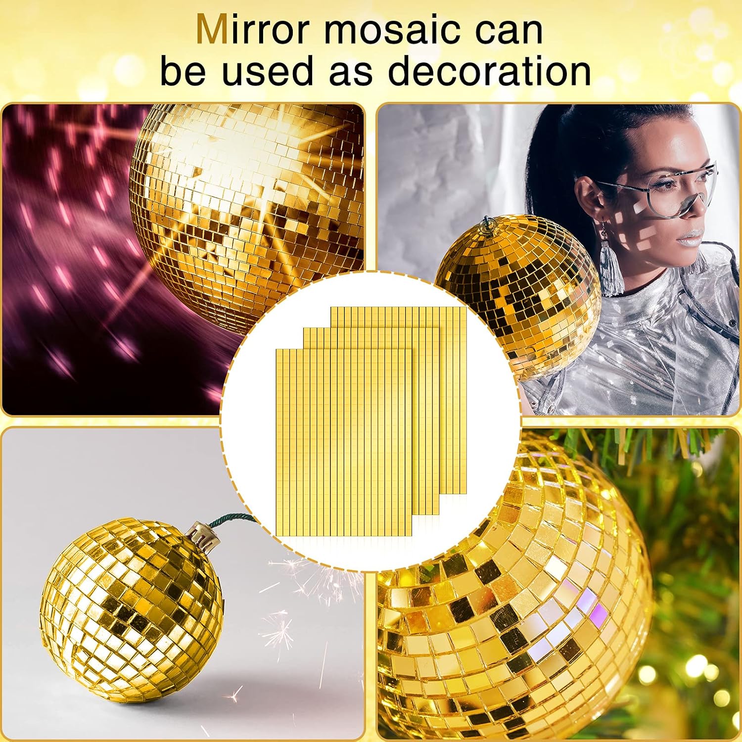3600 Pieces Mirrors Mosaic Disco Ball Mirror Tiles Self-Adhesive Real Square Glass Mirror DIY Tiles for Craft DIY Glass Decorations Making(Gold