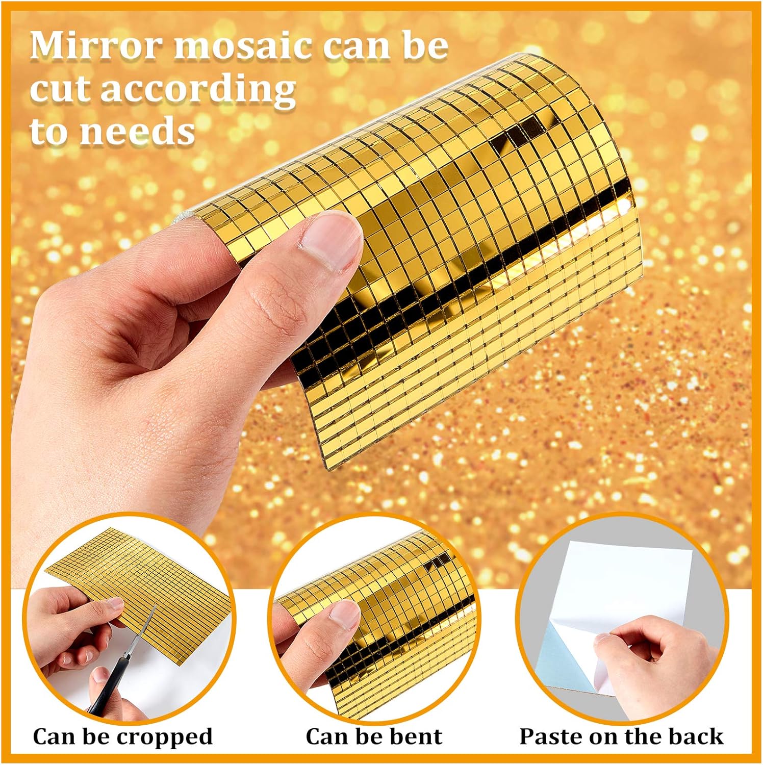 3600 Pieces Mirrors Mosaic Disco Ball Mirror Tiles Self-Adhesive Real Square Glass Mirror DIY Tiles for Craft DIY Glass Decorations Making(Gold
