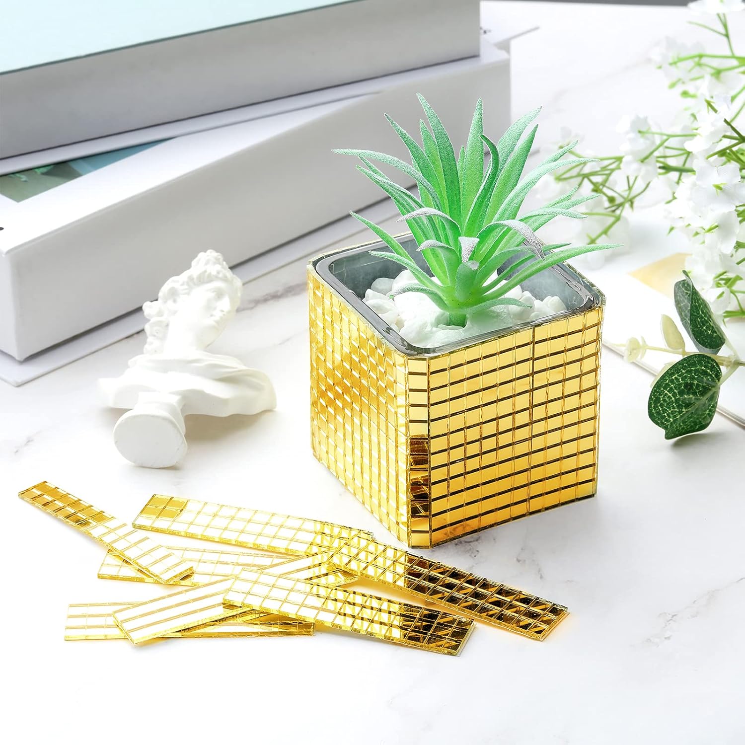 3600 Pieces Mirrors Mosaic Disco Ball Mirror Tiles Self-Adhesive Real Square Glass Mirror DIY Tiles for Craft DIY Glass Decorations Making(Gold