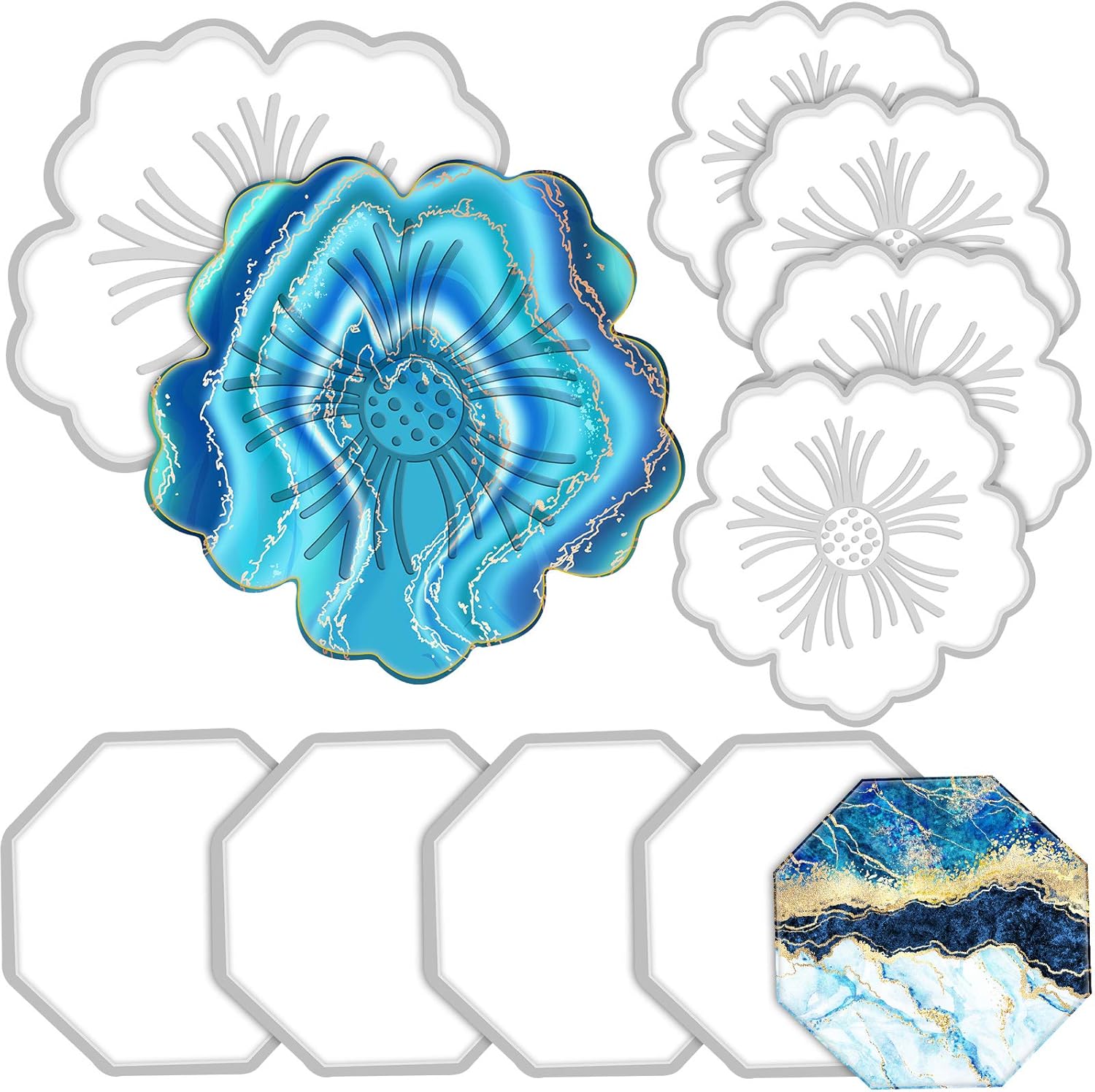 8 Pieces Coaster Silicone Resin Molds Set Include 4 Flower Coaster Resin Flower Silicone Tray and 4 Octagon Epoxy Casting Mold for DIY Artwork 8 Pieces Coaster Silicone Resin Molds Set Include 4 Flower Coaster Resin Flower Silicone Tray and 4 Octagon Epoxy Casting Mold for DIY Artwork