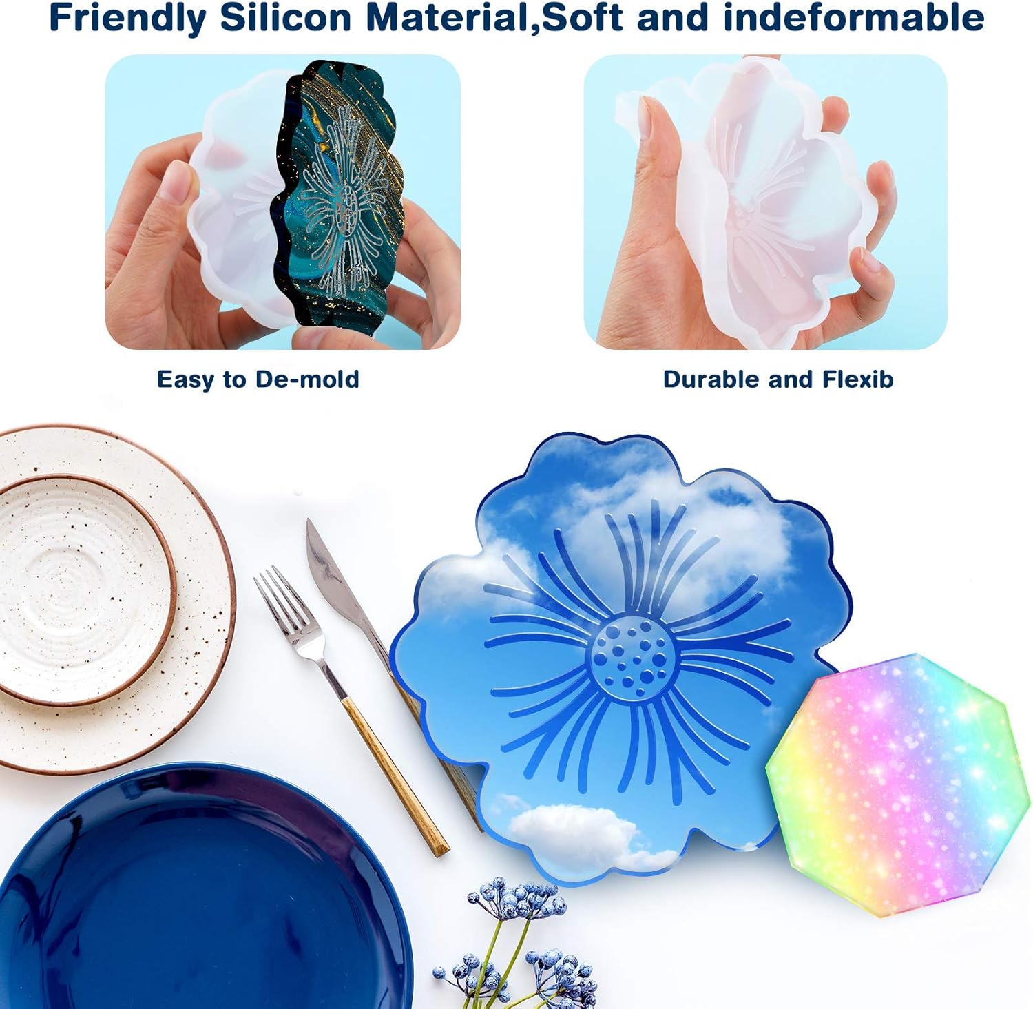 8 Pieces Coaster Silicone Resin Molds Set Include 4 Flower Coaster Resin Flower Silicone Tray and 4 Octagon Epoxy Casting Mold for DIY Artwork