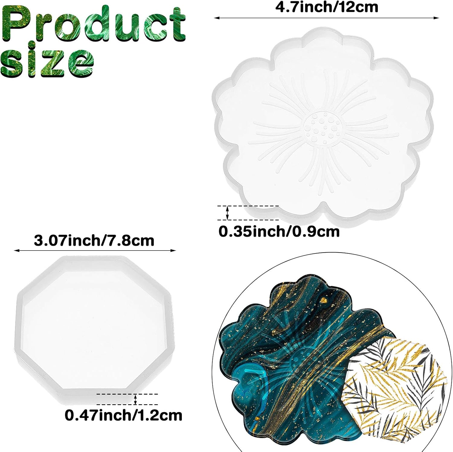 8 Pieces Coaster Silicone Resin Molds Set Include 4 Flower Coaster Resin Flower Silicone Tray and 4 Octagon Epoxy Casting Mold for DIY Artwork