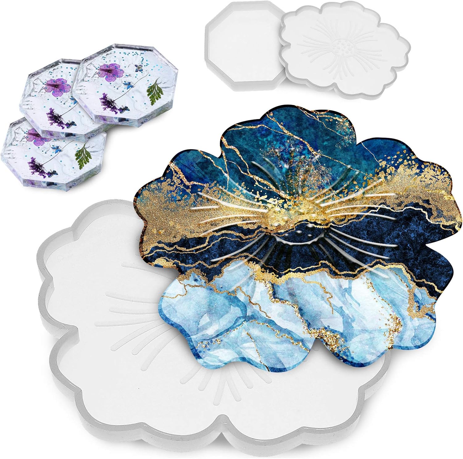 8 Pieces Coaster Silicone Resin Molds Set Include 4 Flower Coaster Resin Flower Silicone Tray and 4 Octagon Epoxy Casting Mold for DIY Artwork