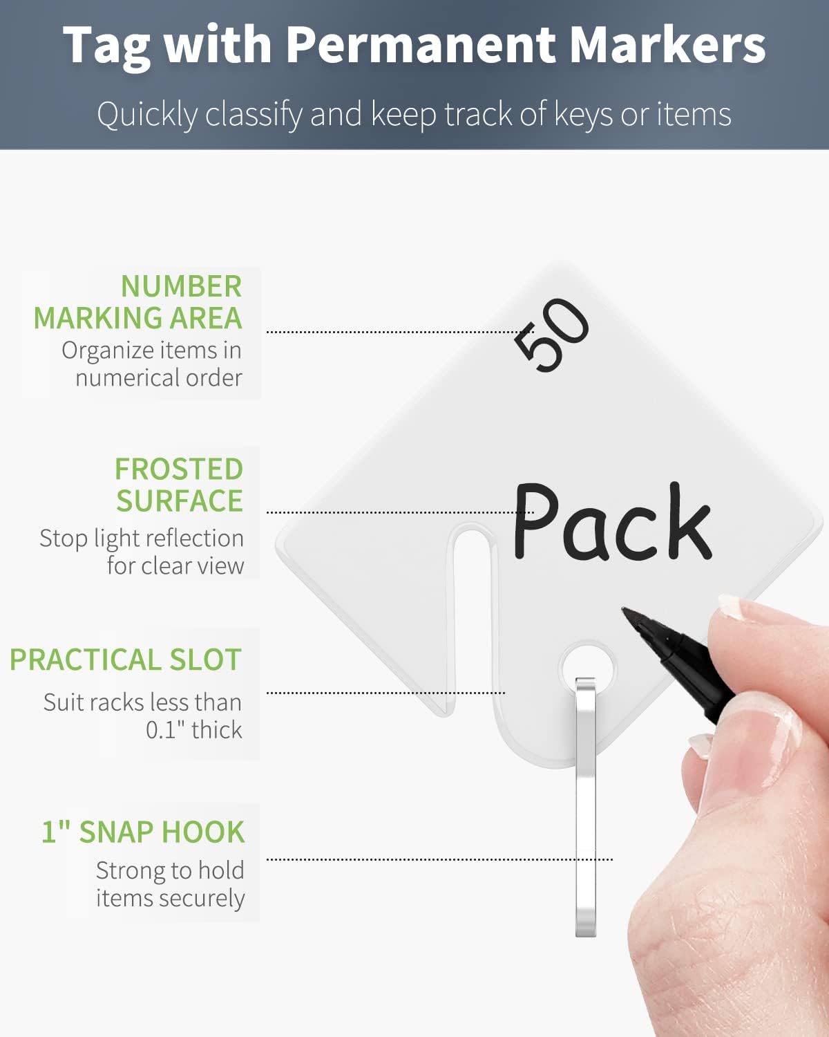 50 Pcs Rack Key Tags 1.5 Inch Slotted Plastic Tags with Metal Snap Hooks White Square Hanging Tags for Key Cabinets Boxes Lockers Sturdy Frosted Item Identifiers for Home Offices and Garages