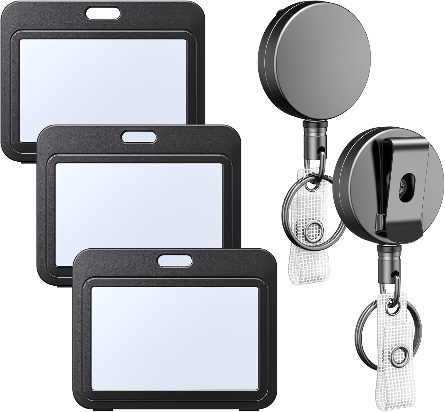3 Pack ID Badge Holder Horizontal with Double-Sided Windows and 2 Pack Metal Retractable Keychain Heavy Duty Metal Retractable Badge Reel
