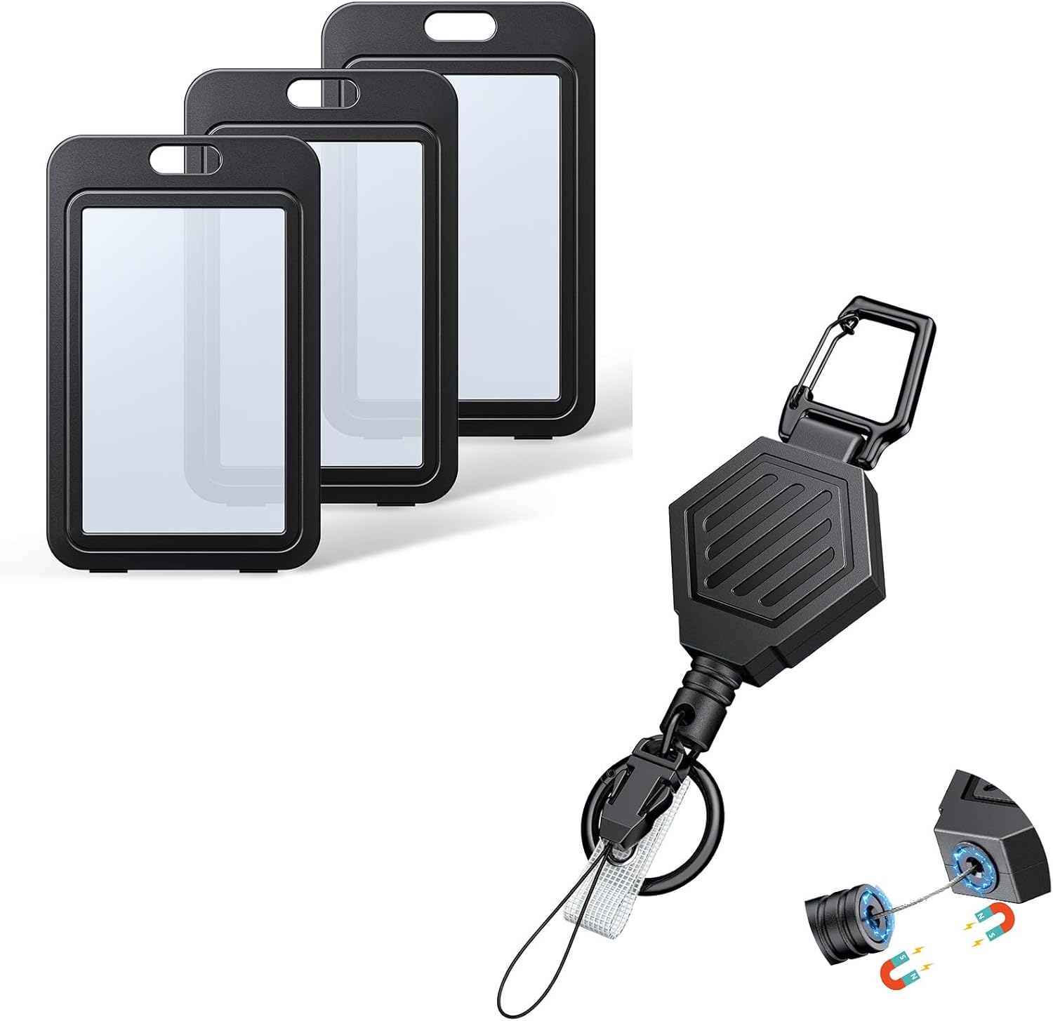 Heavy Duty Retractable Keychain with Magnetic Closure Retractable Badge Reel with 3 Pack ID Badge Holder with Double-Sided Windows Vertical Hard Plastic Case