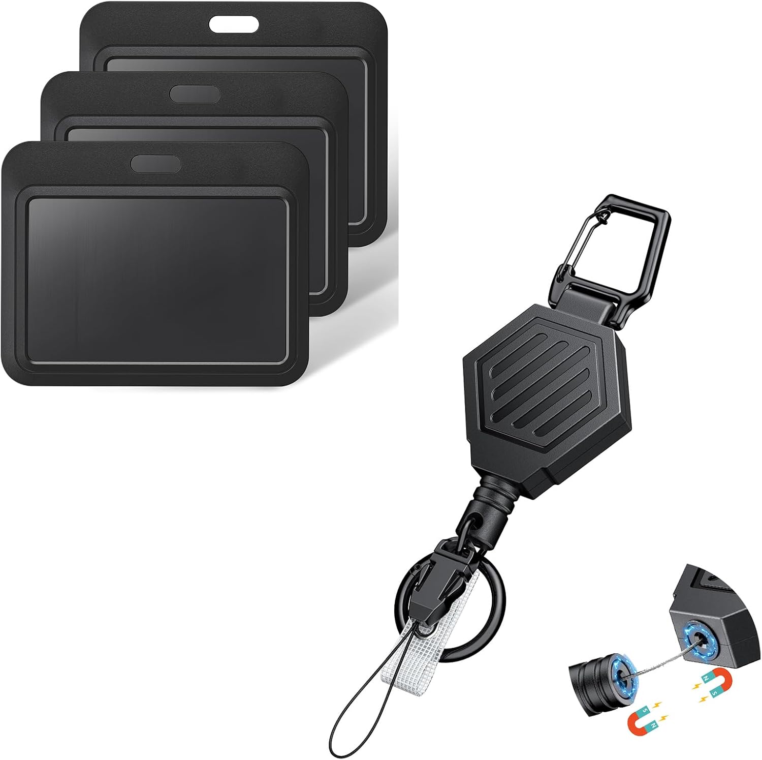 Heavy Duty Retractable Keychain with Magnetic Closure Retractable Badge Reel for up to 16 oz Magnetic ID Badge Reel with 3 Pack Sliding ID Badge Holder Black Horizontal Hard Plastic Case