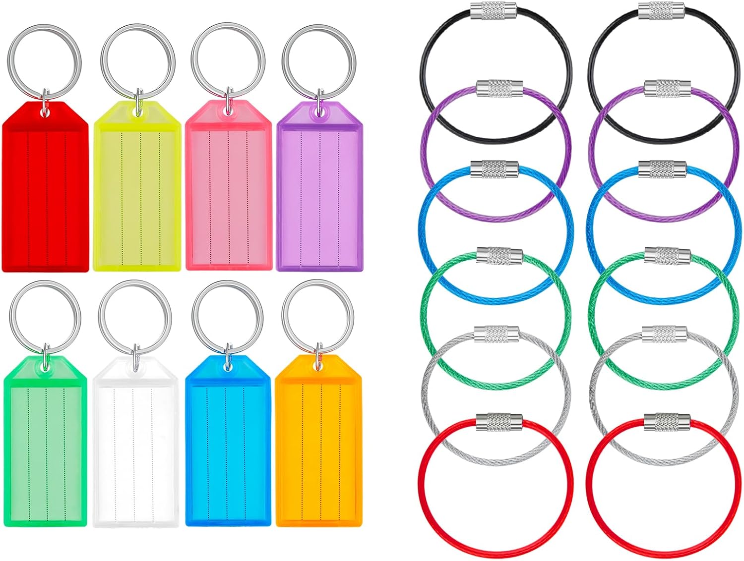 20 Pack Tough Plastic Key Tags with Split Ring Label Window Assorted Colors and 12 Pack 4 Inch Wire Keychain Cable Large Stainless Steel Key Ring Loop Holder for Luggage Tag Keeper