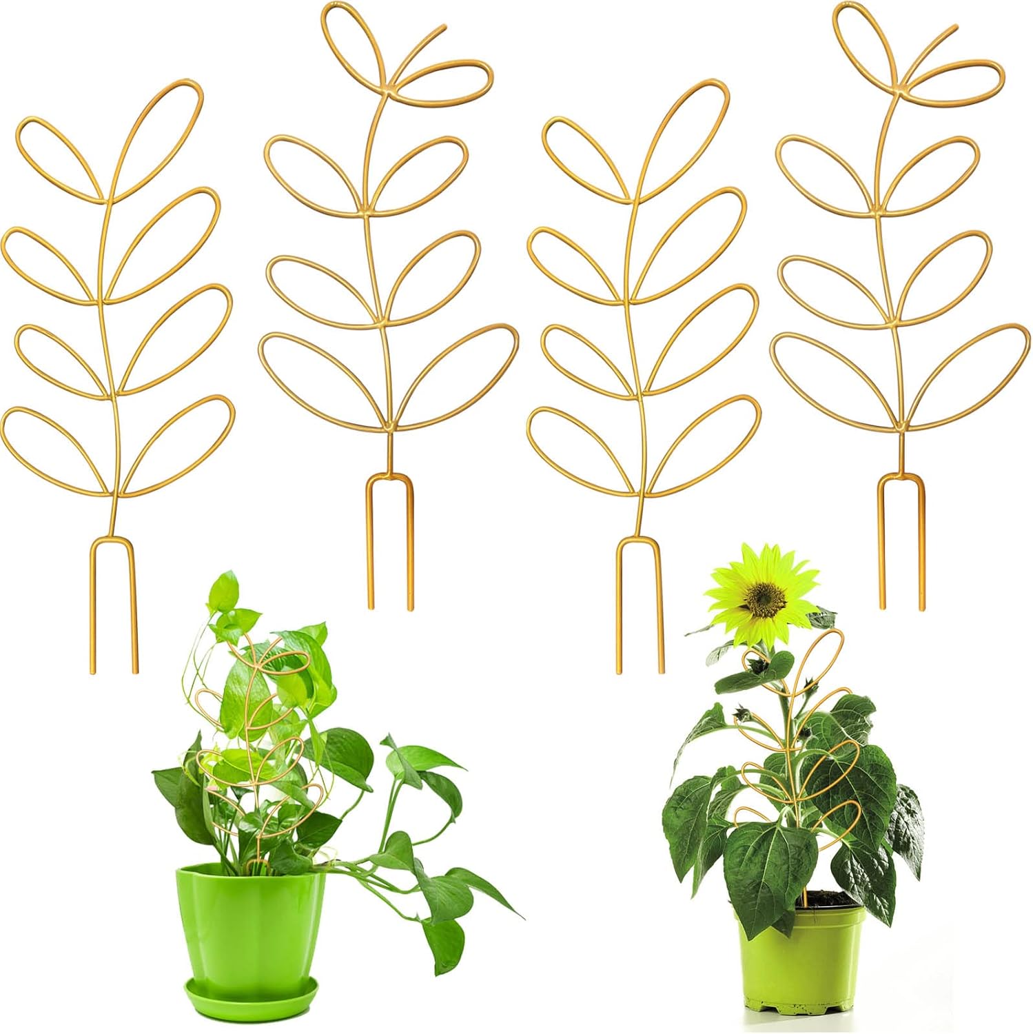 4 Pcs Small Metal Trellis for Potted Plants, Indoor Plants Trellis for Climbing, Mini Plant Trellis Support Stake House Plant Trellis for Garden Potted, Hoya, Pothos, Flower, Monstera (Gold)