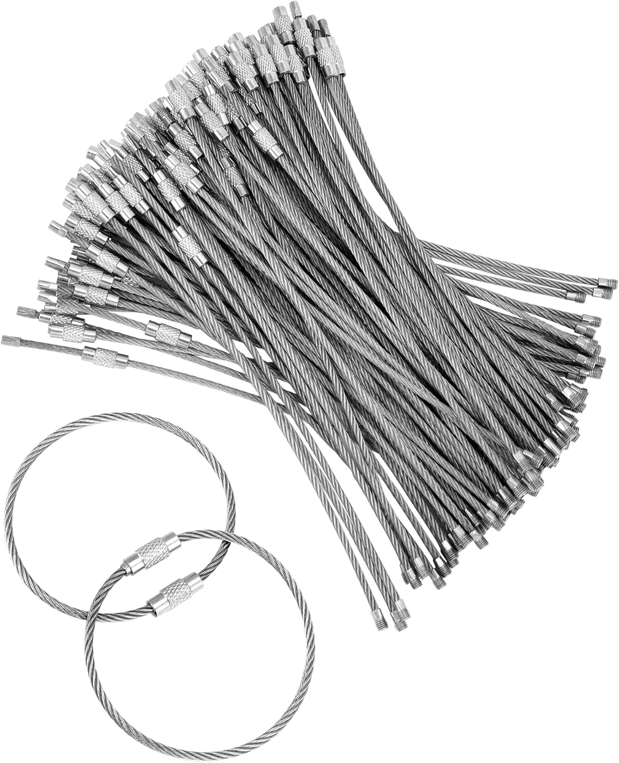Stainless Steel Braided Cable Keychains, 2mm Thick, 6.3" Length, Durable and Portable Screw Lock Rings for Keys, ID Tags, Luggage,100 Pcs