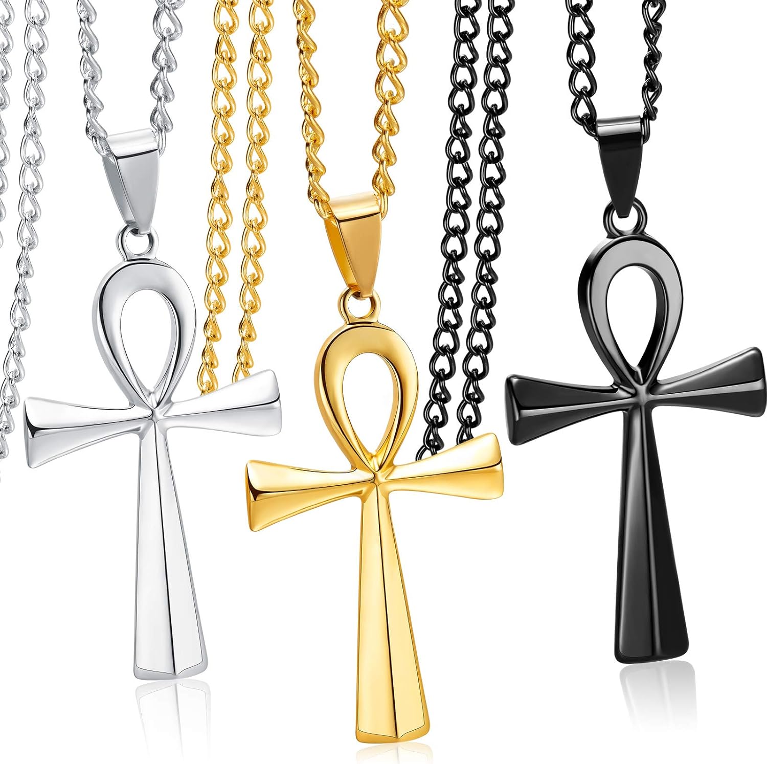 3 Pieces Men%27s Stainless Steel Ankh Pendant Necklace 3 Pieces Men%27s Stainless Steel Ankh Pendant Necklace