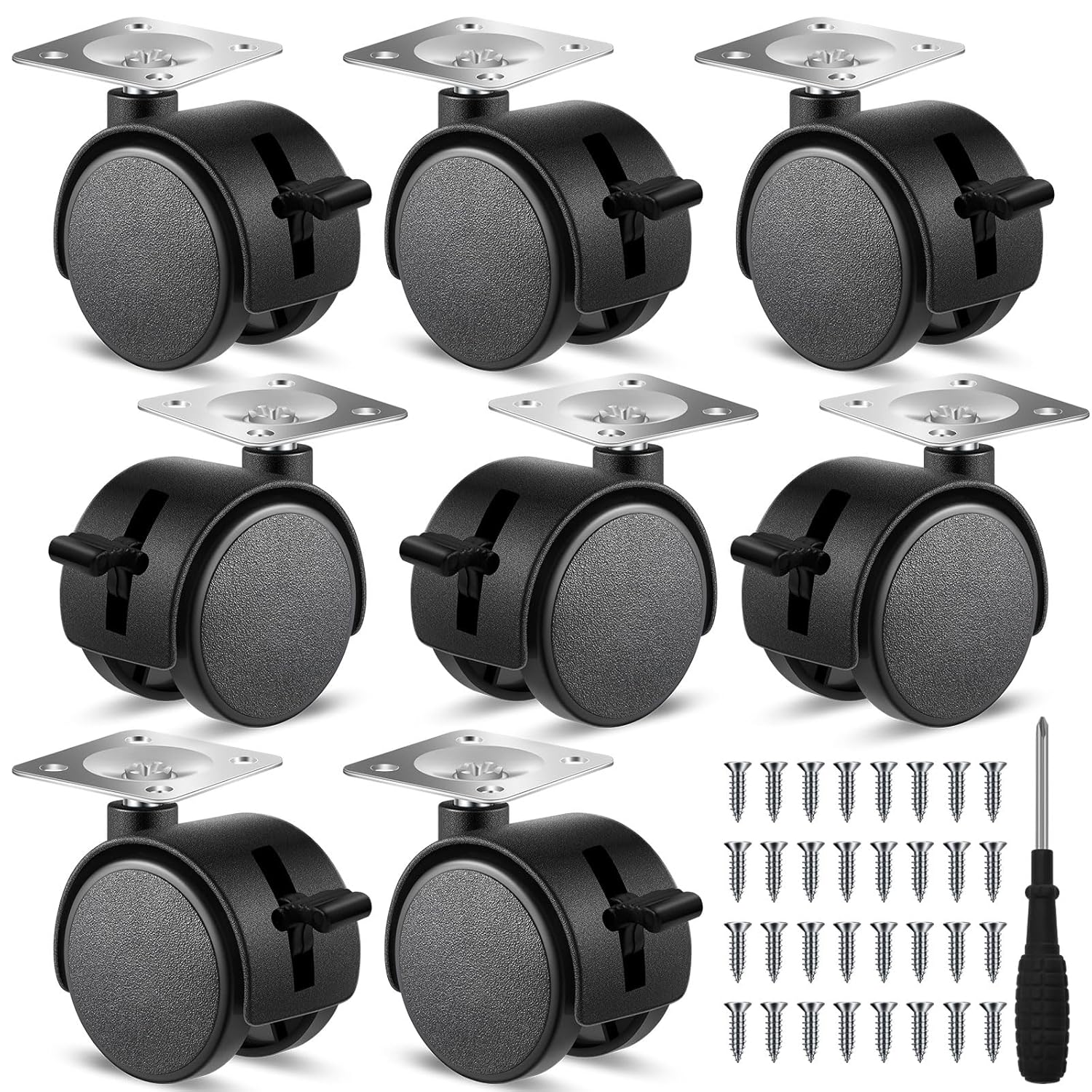 8 Pcs 1.5 Inch Plastic Furniture Wheels with Brake Swivel Replacement Wheels Small Nylon Plastic Casters for Rolling Cart Table Chair Cabinet, Black (Flat Style)