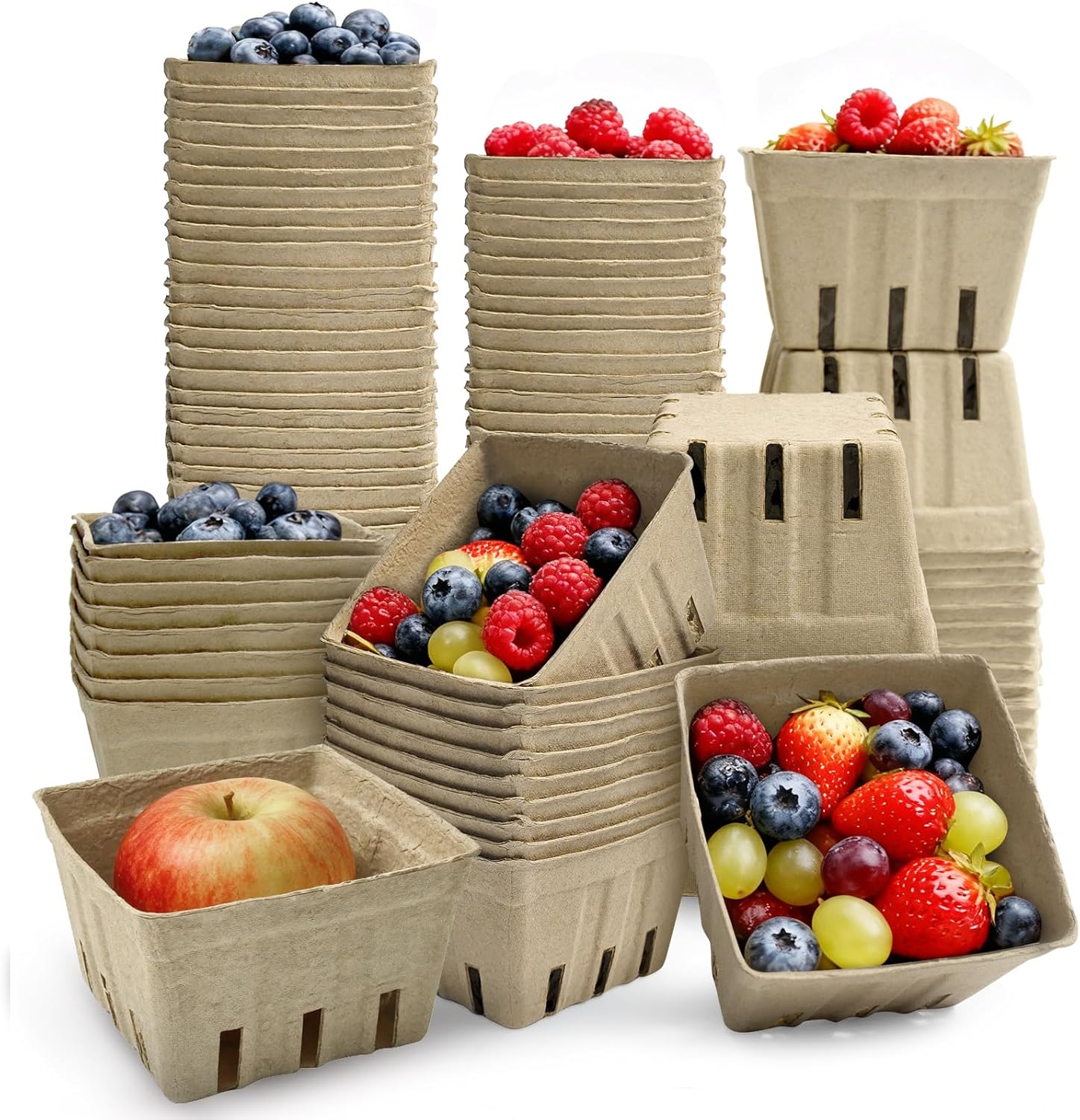 45 Pack Natural Pulp Fiber Berry Baskets, 4.3x4.3x2.7 Inch Molded Produce Vented Basket Fruit Tray for Strawberry Blueberry Raspberry Fruit Vegetable Farmer Market Grocery