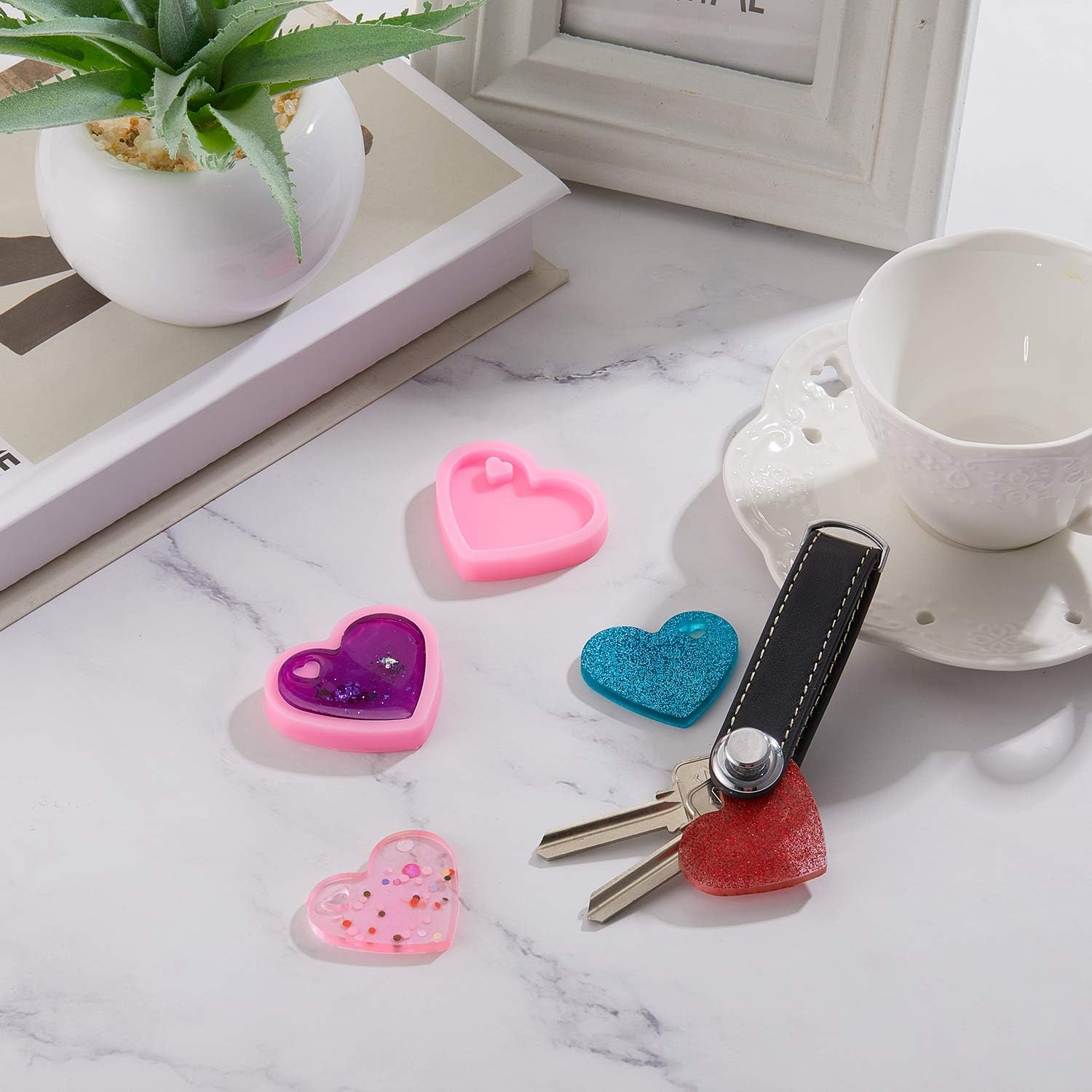 4 Pieces Heart Resin Keychain Molds for Epoxy Resin Easter Mother%27s Day Silicone Fondant Molds Love Keychain Gift with 20 Pieces Key Rings for DIY Decoration