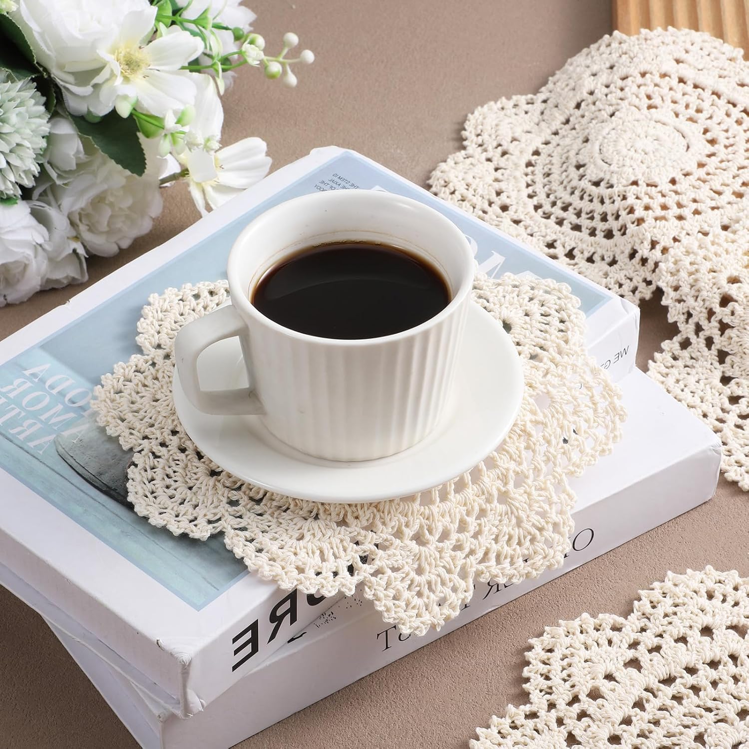 4 Pcs Cotton Lace Doilies Vintage Crochet Doilies 7.8 Inch Round Cotton Handmade Lace Cloth Fabric Placemats Doily for Tables Kitchen Dining Room Dessert Coasters Wedding Birthday Party Decoration
