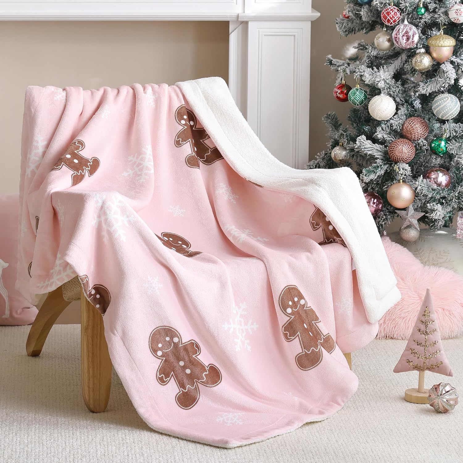Pink Throw Blanket - Christmas Fluffy Blanket with Gingerbread and Snowflake Pattern - Reversible Sherpa Fleece Soft Blanket - Cozy Lightweight Throw Blanket for Couch Bed Sofa Pink Throw Blanket - Christmas Fluffy Blanket with Gingerbread and Snowflake Pattern - Reversible Sherpa Fleece Soft Blanket - Cozy Lightweight Throw Blanket for Couch Bed Sofa