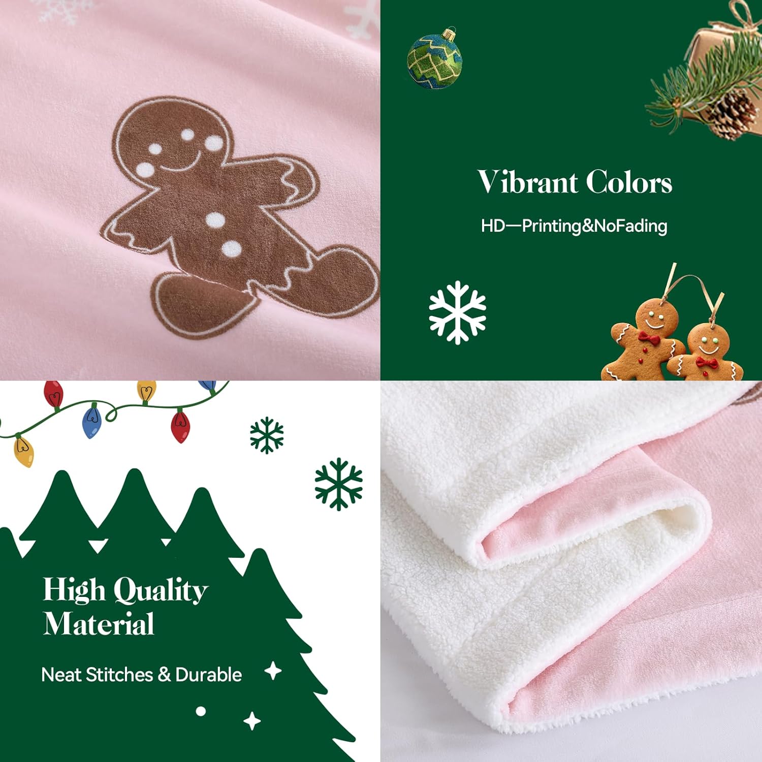 Pink Throw Blanket - Christmas Fluffy Blanket with Gingerbread and Snowflake Pattern - Reversible Sherpa Fleece Soft Blanket - Cozy Lightweight Throw Blanket for Couch Bed Sofa