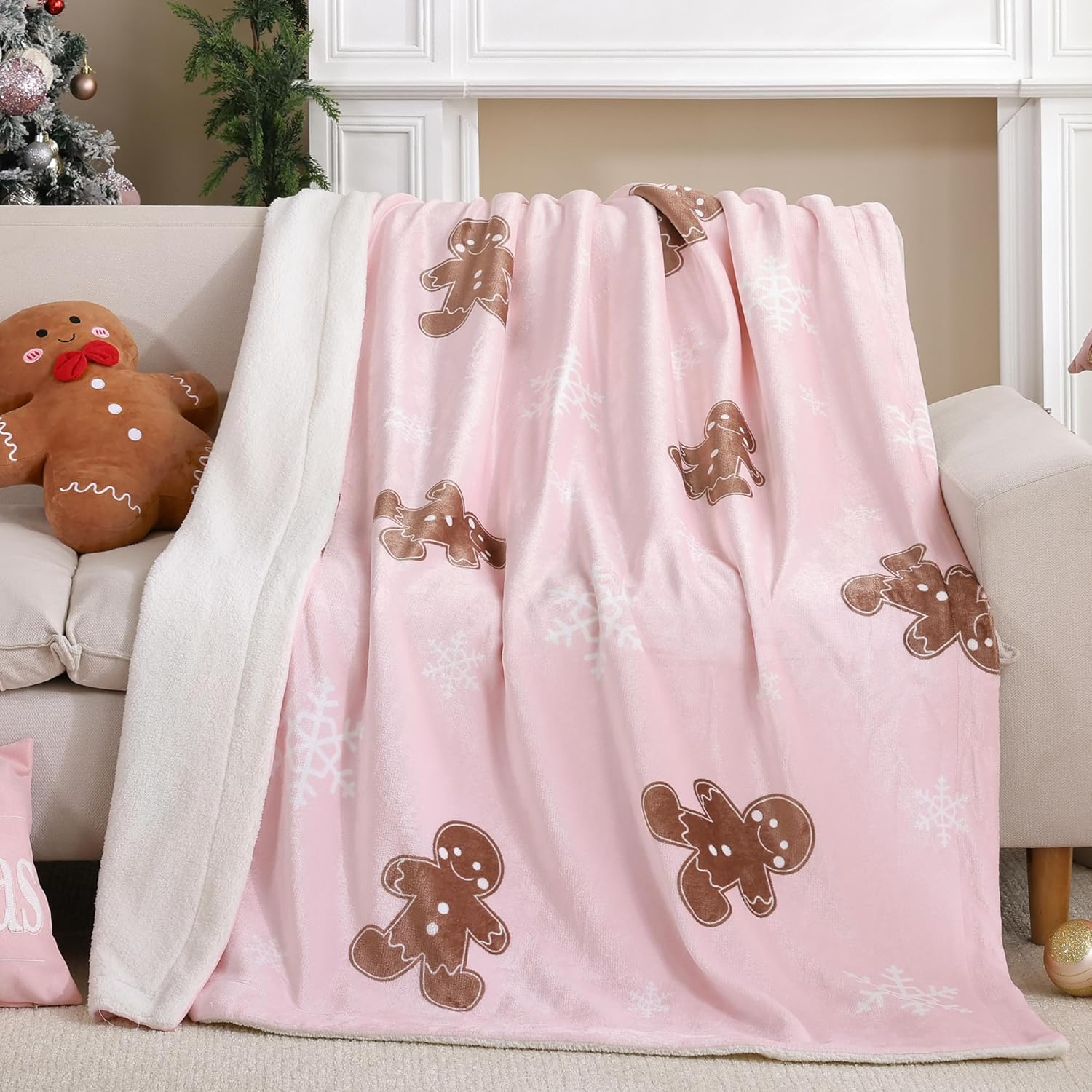Pink Throw Blanket - Christmas Fluffy Blanket with Gingerbread and Snowflake Pattern - Reversible Sherpa Fleece Soft Blanket - Cozy Lightweight Throw Blanket for Couch Bed Sofa