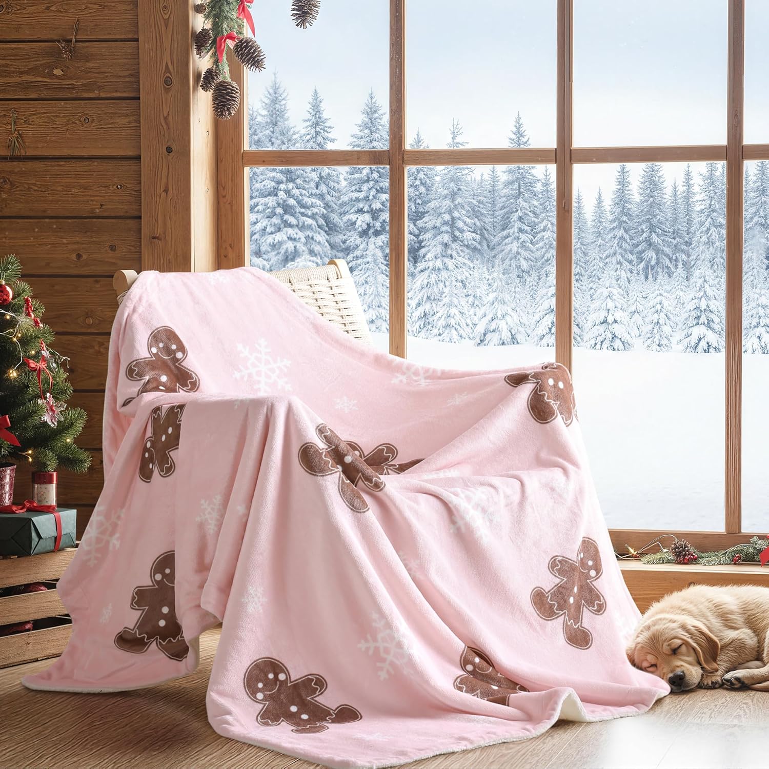 Pink Throw Blanket - Christmas Fluffy Blanket with Gingerbread and Snowflake Pattern - Reversible Sherpa Fleece Soft Blanket - Cozy Lightweight Throw Blanket for Couch Bed Sofa