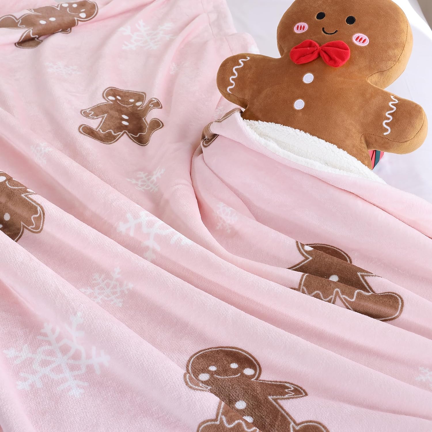 Pink Throw Blanket - Christmas Fluffy Blanket with Gingerbread and Snowflake Pattern - Reversible Sherpa Fleece Soft Blanket - Cozy Lightweight Throw Blanket for Couch Bed Sofa