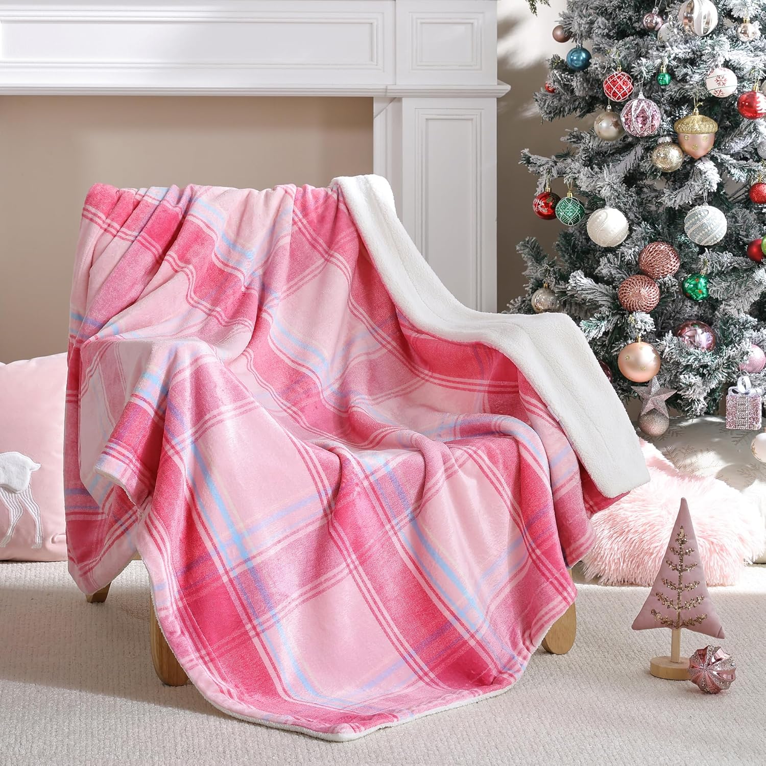 Christmas Plaid Pink Blanket - Soft Sherpa & Flannel Throw Blanket for Couch and Bed Christmas Plaid Pink Blanket - Soft Sherpa & Flannel Throw Blanket for Couch and Bed