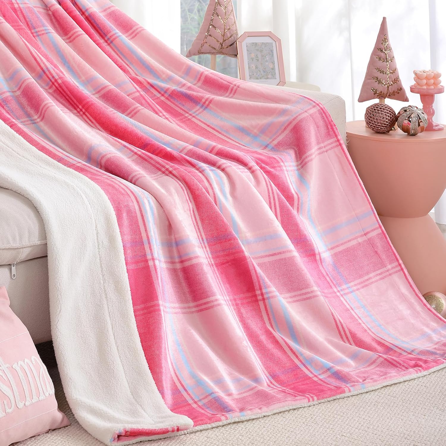 Christmas Plaid Pink Blanket - Soft Sherpa & Flannel Throw Blanket for Couch and Bed