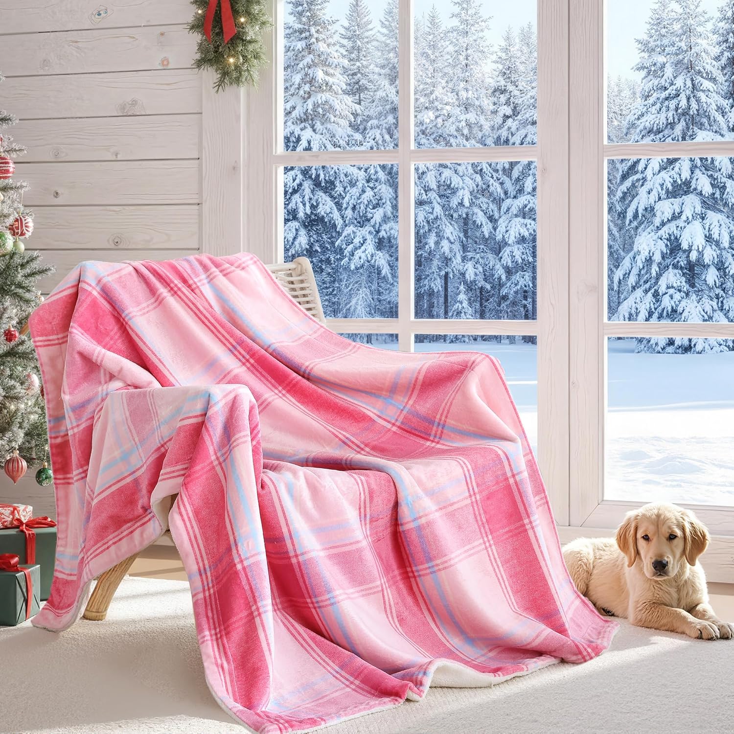 Christmas Plaid Pink Blanket - Soft Sherpa & Flannel Throw Blanket for Couch and Bed