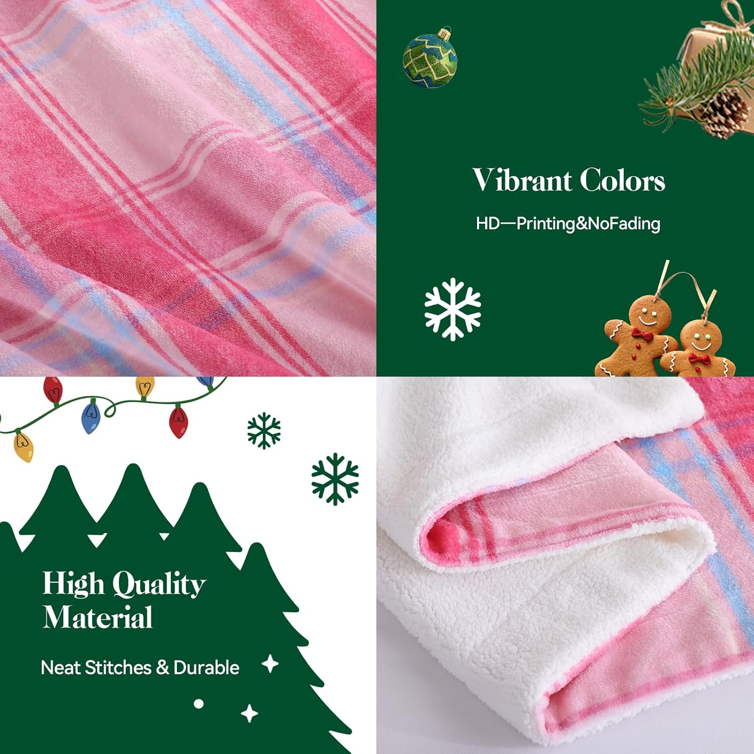 Christmas Plaid Pink Blanket - Soft Sherpa & Flannel Throw Blanket for Couch and Bed