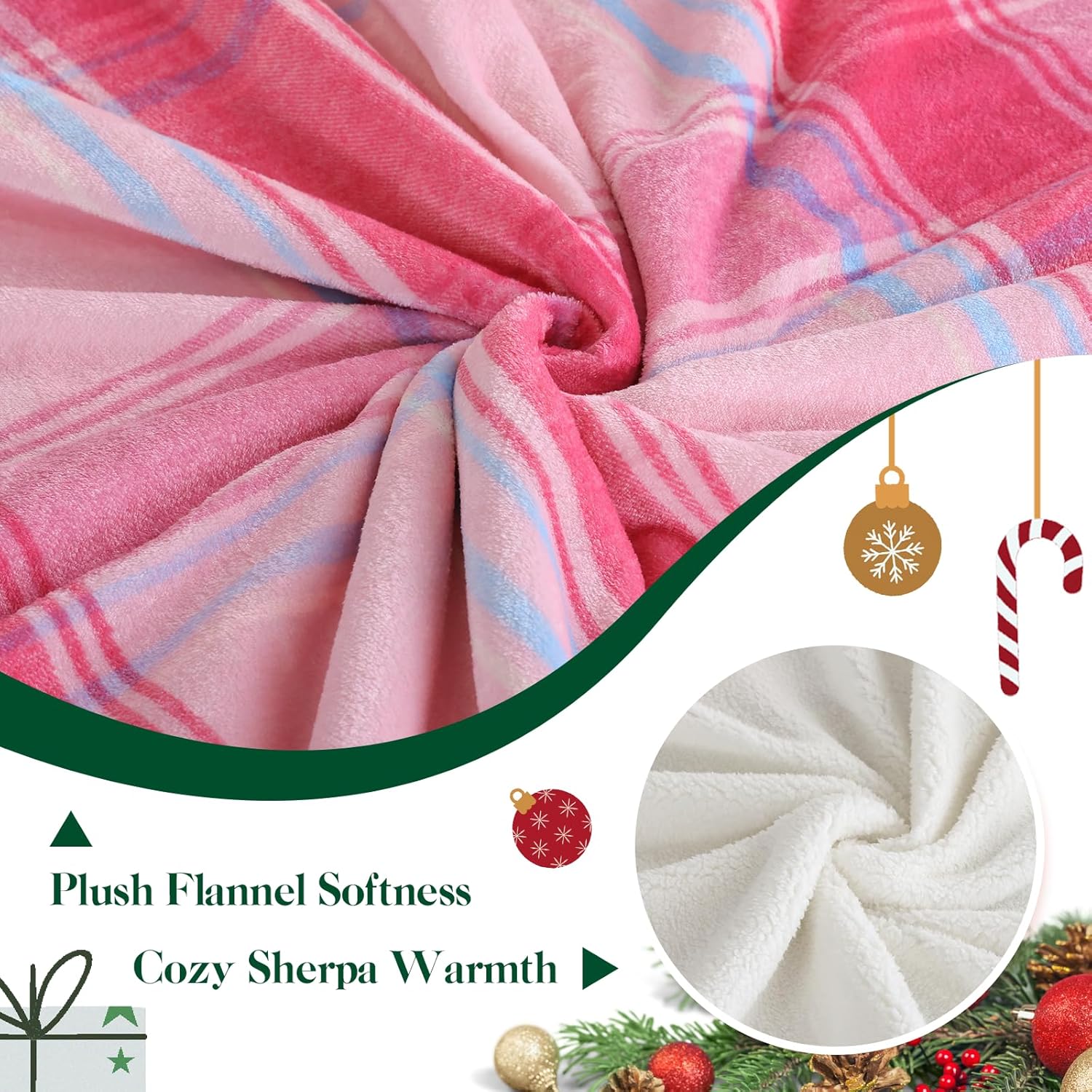 Christmas Plaid Pink Blanket - Soft Sherpa & Flannel Throw Blanket for Couch and Bed