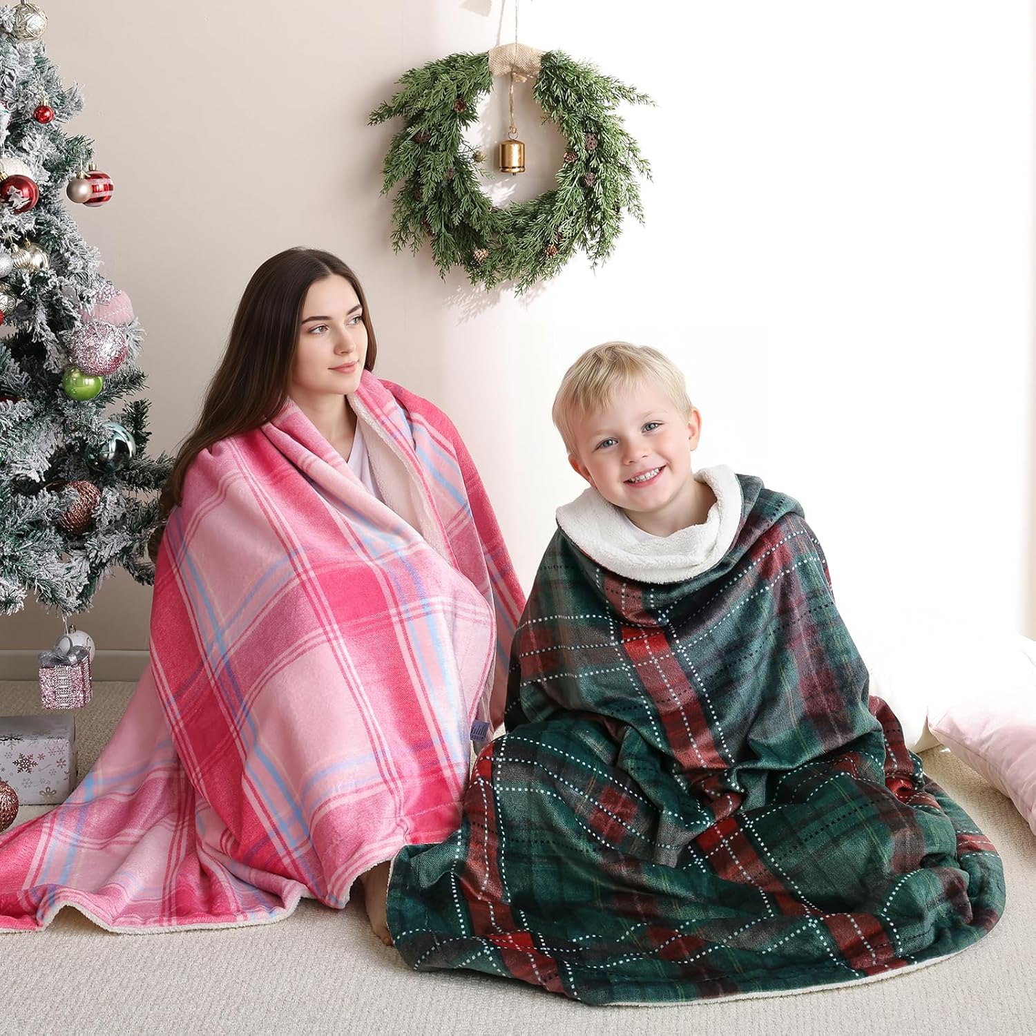 Christmas Plaid Pink Blanket - Soft Sherpa & Flannel Throw Blanket for Couch and Bed