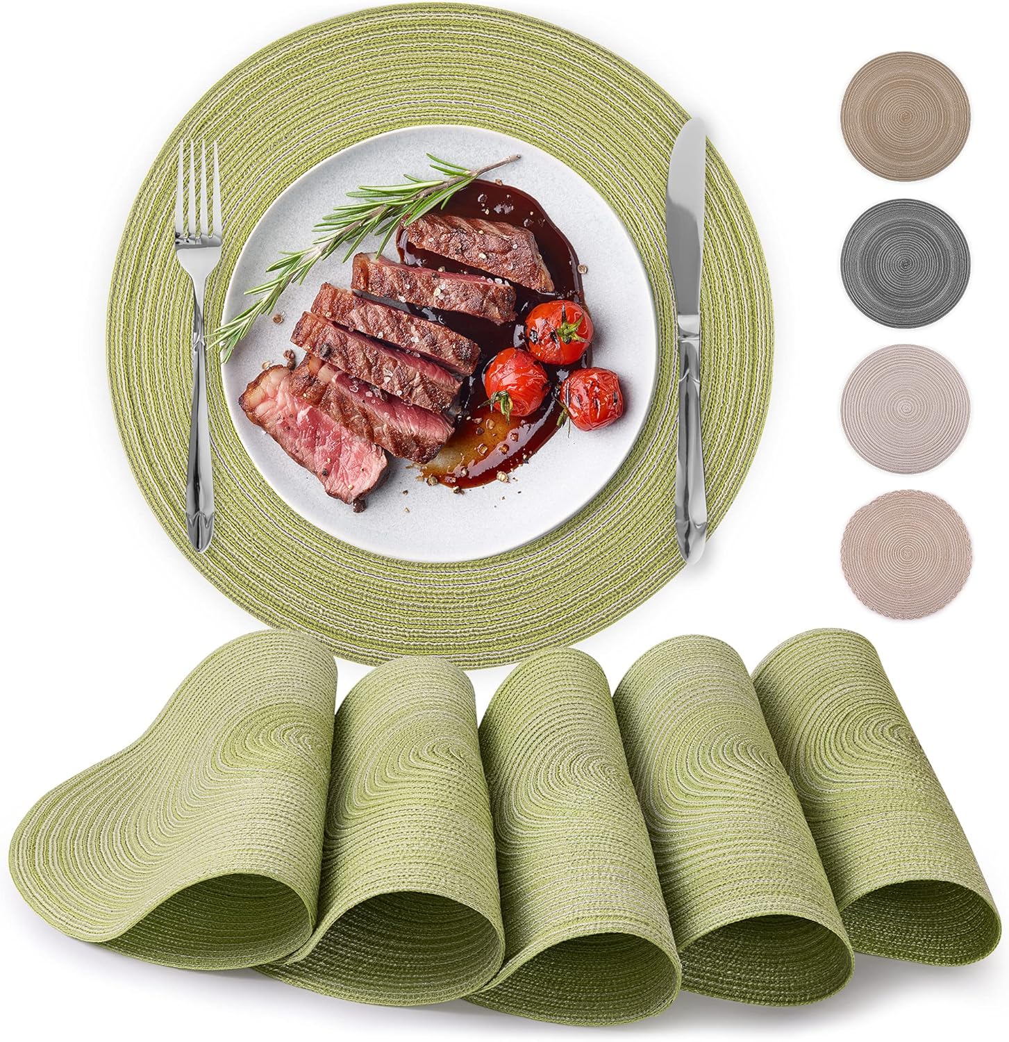 15 Inch Round Placemats for Dining Table Set of 6 - Braided Round Place Mats & Anti-Skid Placemat - Heat Resistant Round Woven Placemats & Table Mats for Dining (Green) 15 Inch Round Placemats for Dining Table Set of 6 - Braided Round Place Mats & Anti-Skid Placemat - Heat Resistant Round Woven Placemats & Table Mats for Dining (Green)