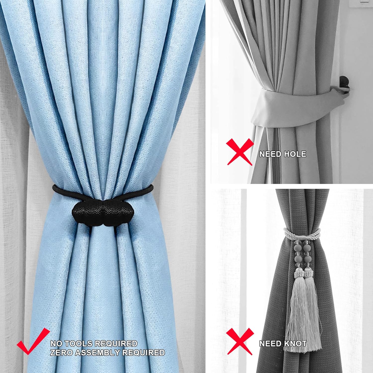 Black Magnetic Curtain Tiebacks - 4pcs Decorative Curtain Tie Backs