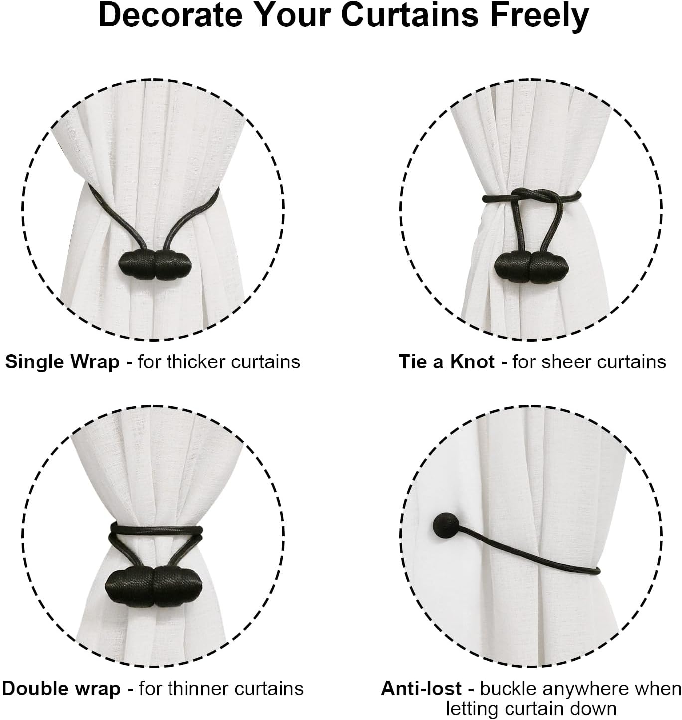 Black Magnetic Curtain Tiebacks - 4pcs Decorative Curtain Tie Backs