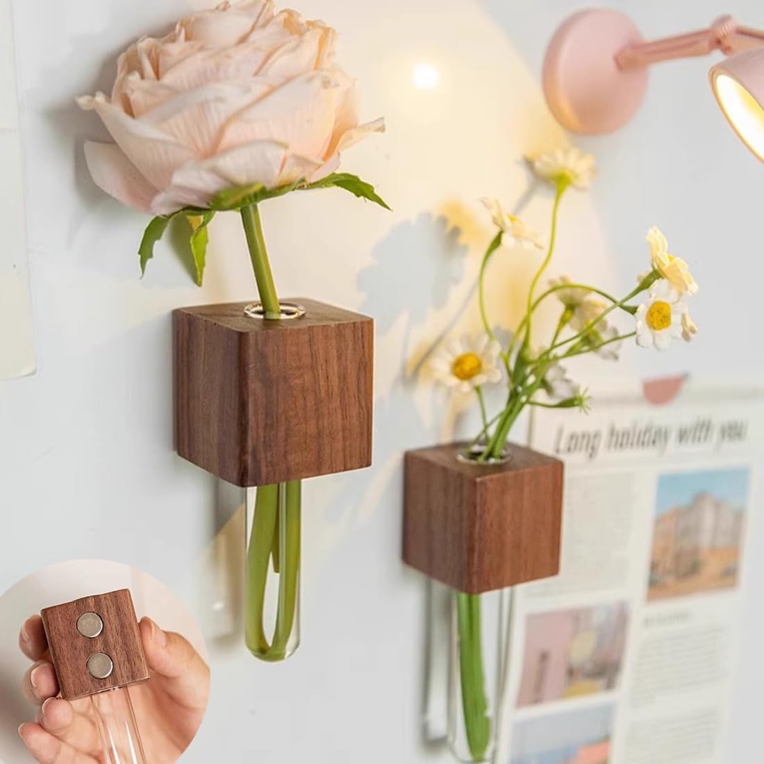 Magnetic Fridge Vases Set of 2 Wooden Decor for Stems & Dried Flowers Magnetic Fridge Vases Set of 2 Wooden Decor for Stems & Dried Flowers
