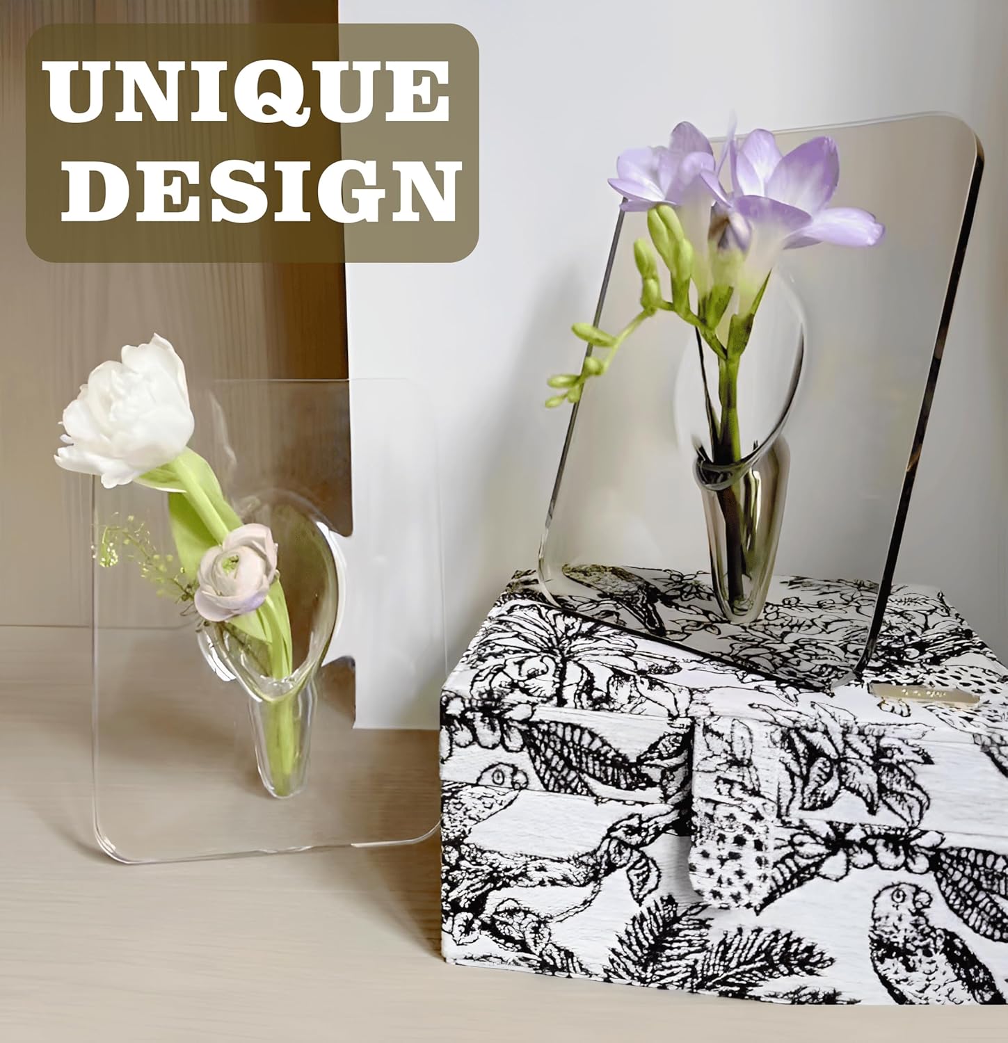 Clear Acrylic Photo Frame Vase - Modern Style Decorative Vase for Office Bookshelf Bedroom Living Room - Unique Home Decor Piece