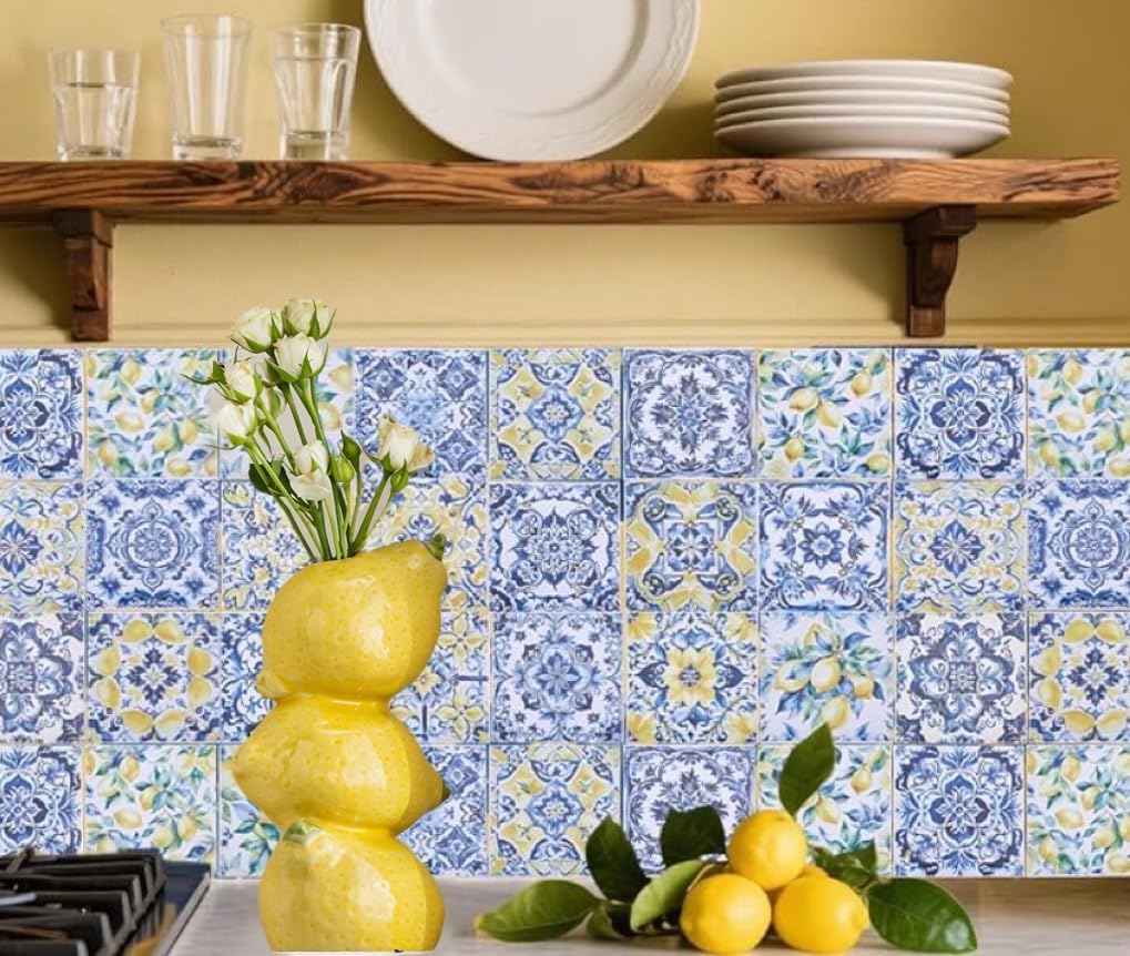 Yellow Ceramic Vase with Lemon Design Mediterranean Style for Home and Kitchen Decor