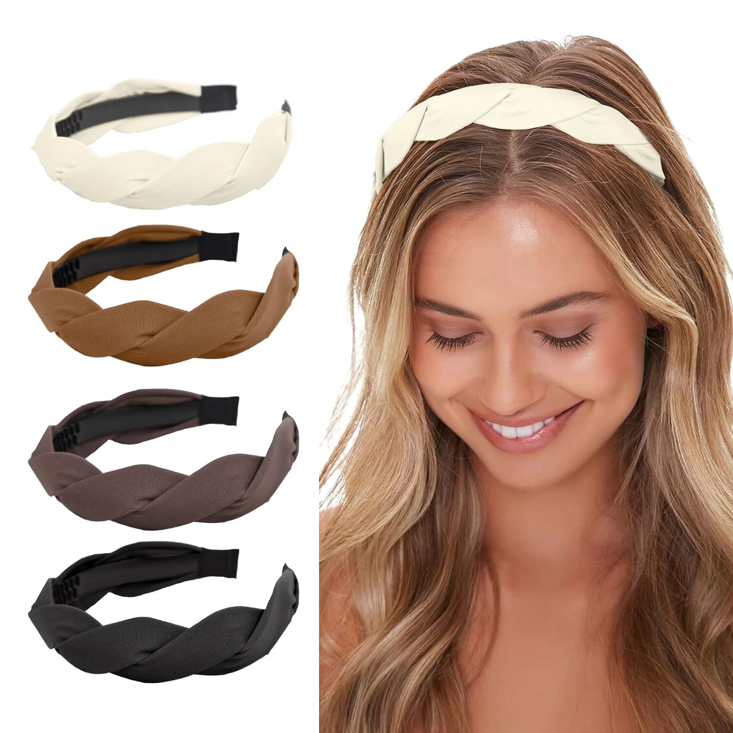 Women's Retro Wide Hairbands Set of 4 - Black White Brown Coffee - Adult Hair Accessories
