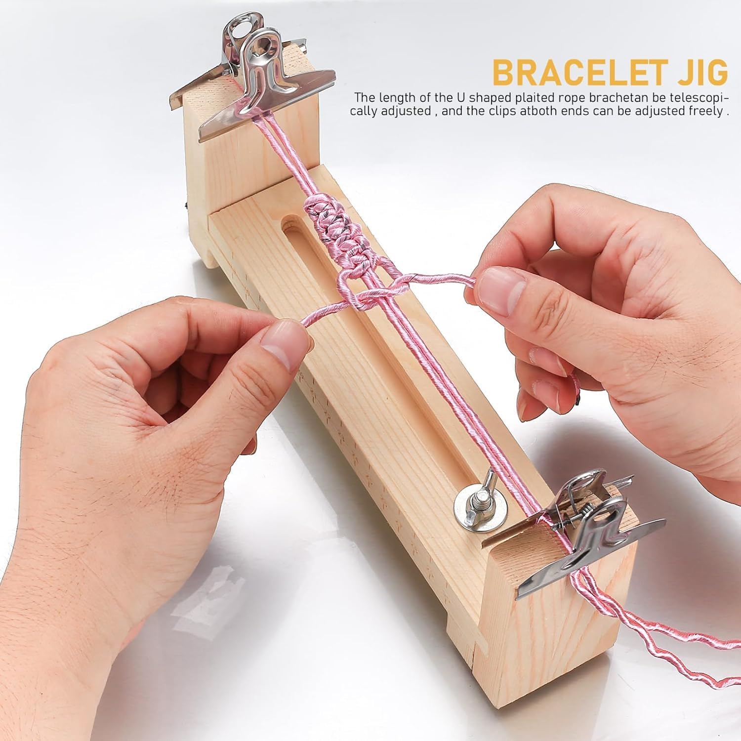 Adjustable Wooden Bracelet Weaving Frame with Double Scale 2 Clamps for DIY Bracelet Belt Keychain Making