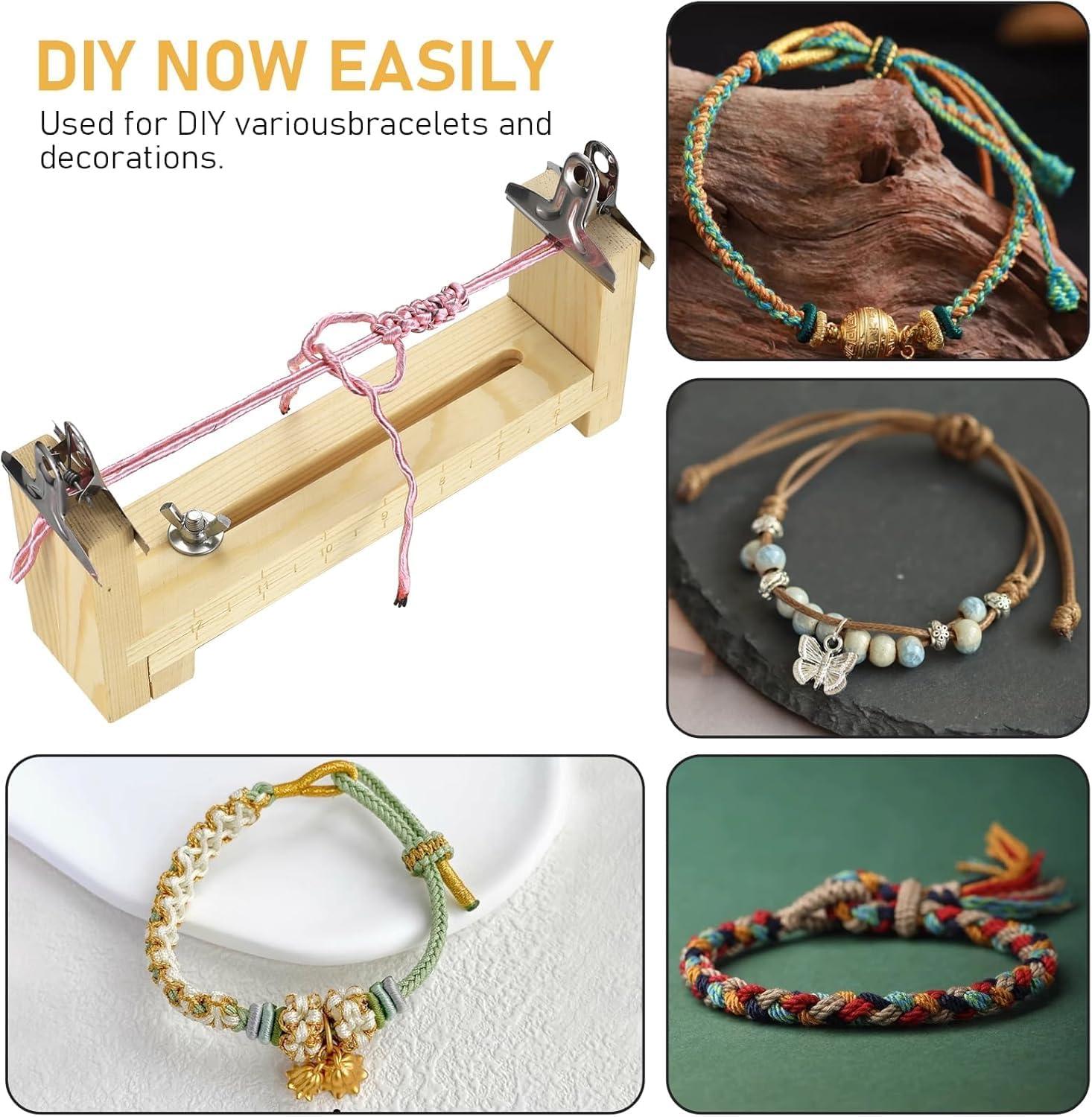 Adjustable Wooden Bracelet Weaving Frame with Double Scale 2 Clamps for DIY Bracelet Belt Keychain Making