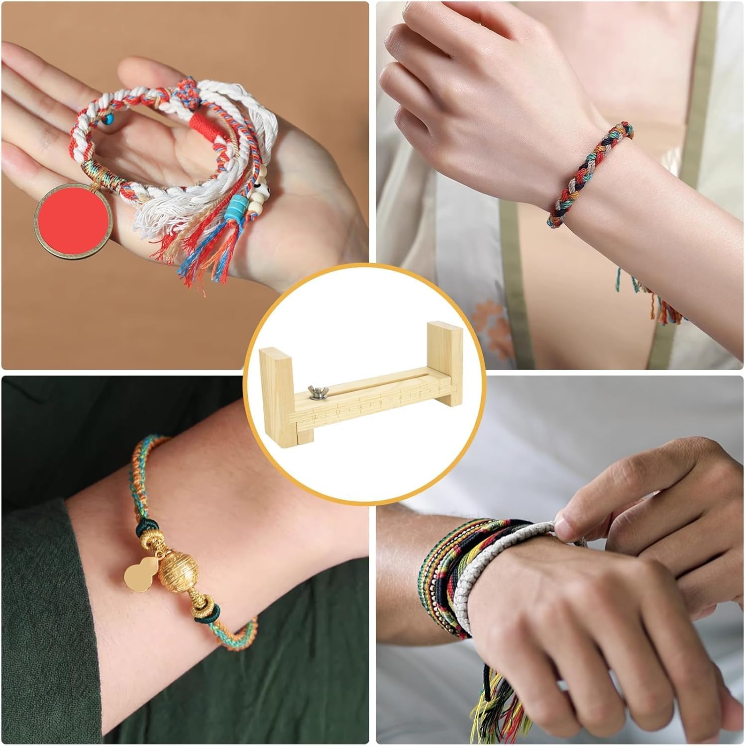 Adjustable Wooden Bracelet Weaving Frame with Double Scale 2 Clamps for DIY Bracelet Belt Keychain Making
